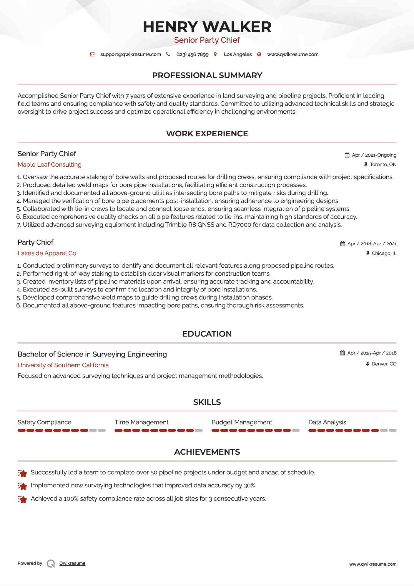 Senior Party Chief
 Resume Format