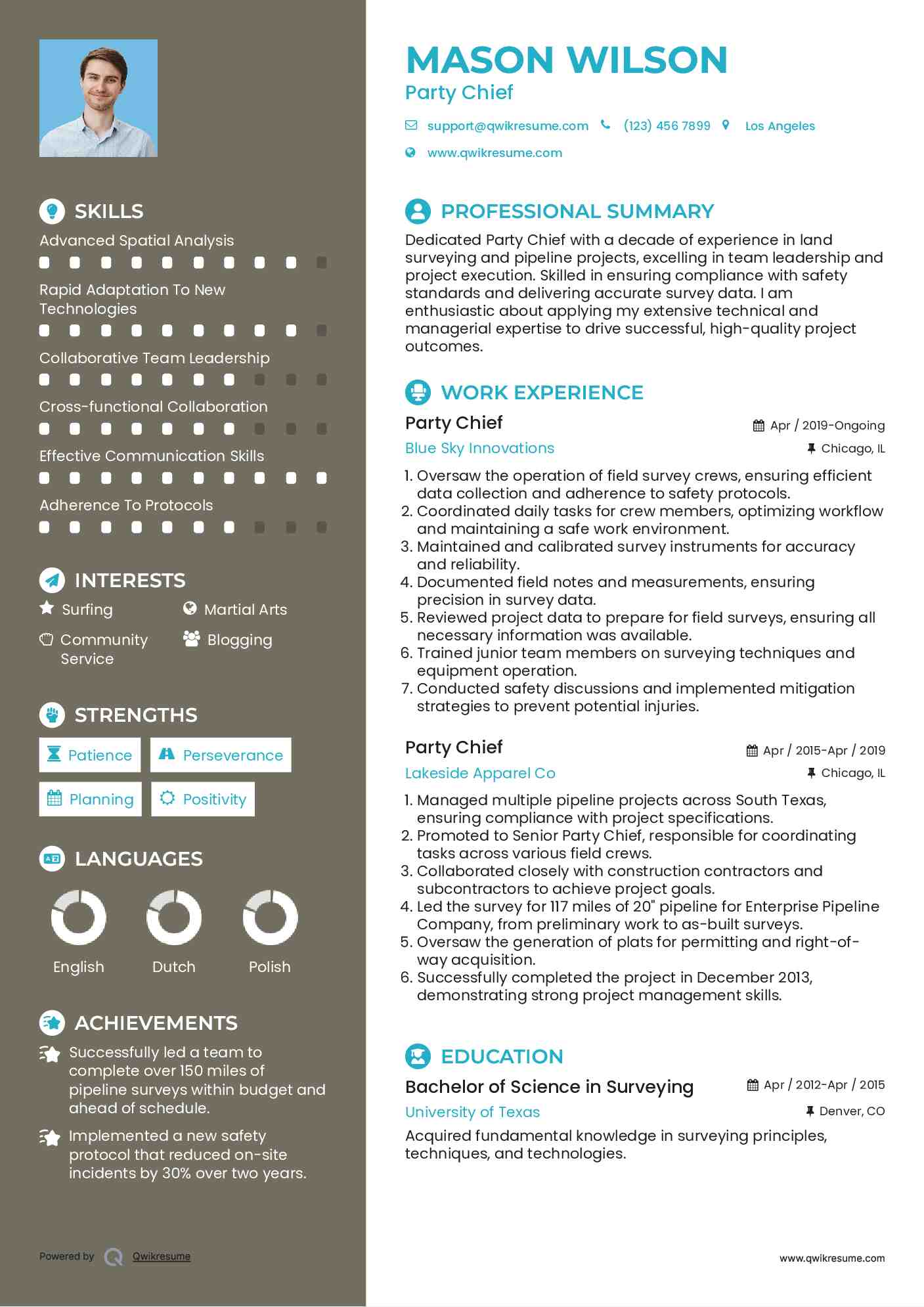 Party Chief Resume Model