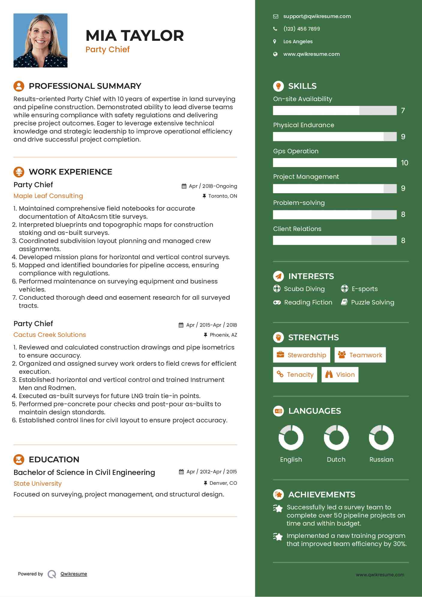 Party Chief Resume Example