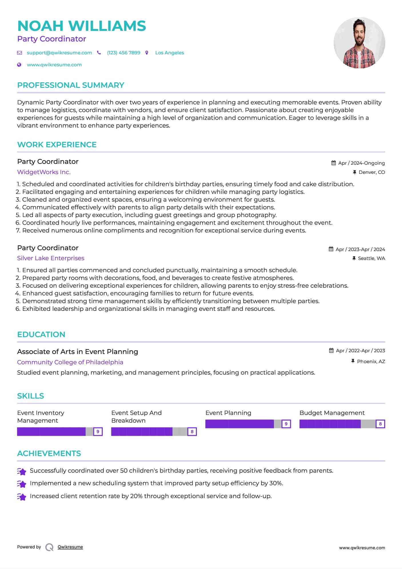 Party Coordinator Resume Sample