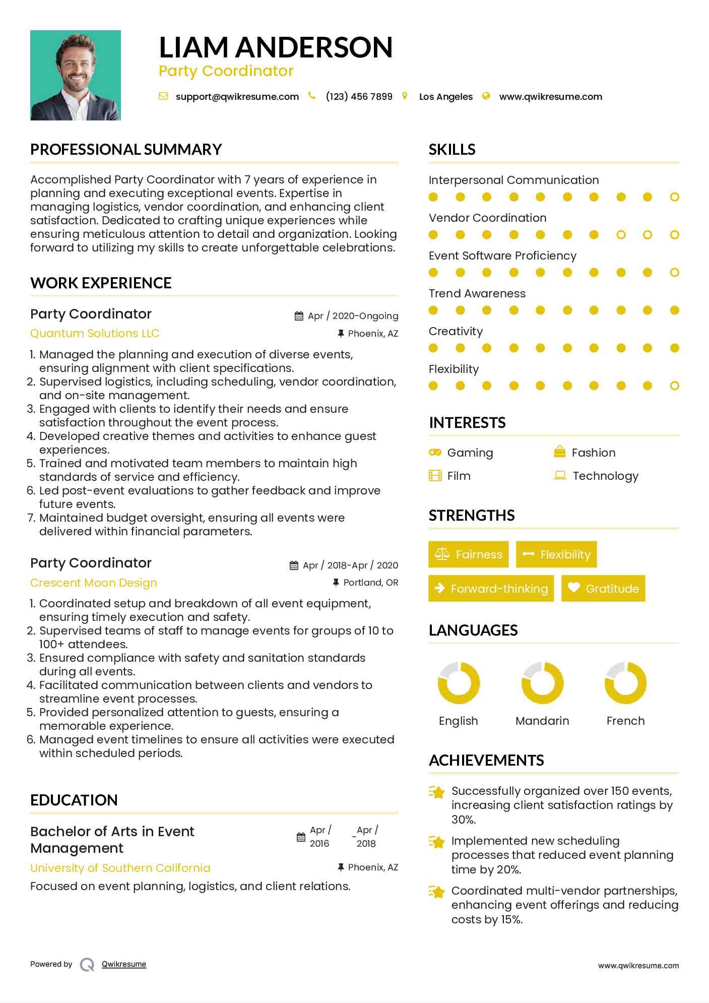 Party Coordinator Resume Sample