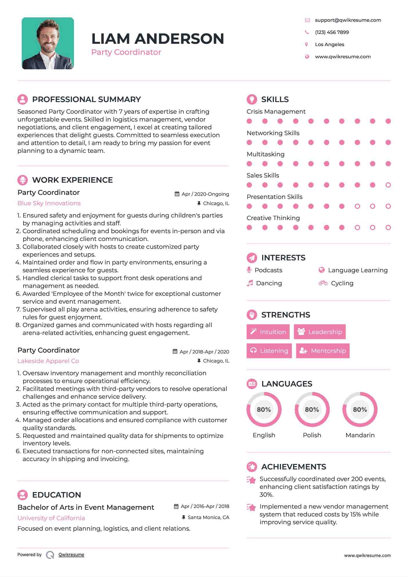 Party Coordinator Resume Example