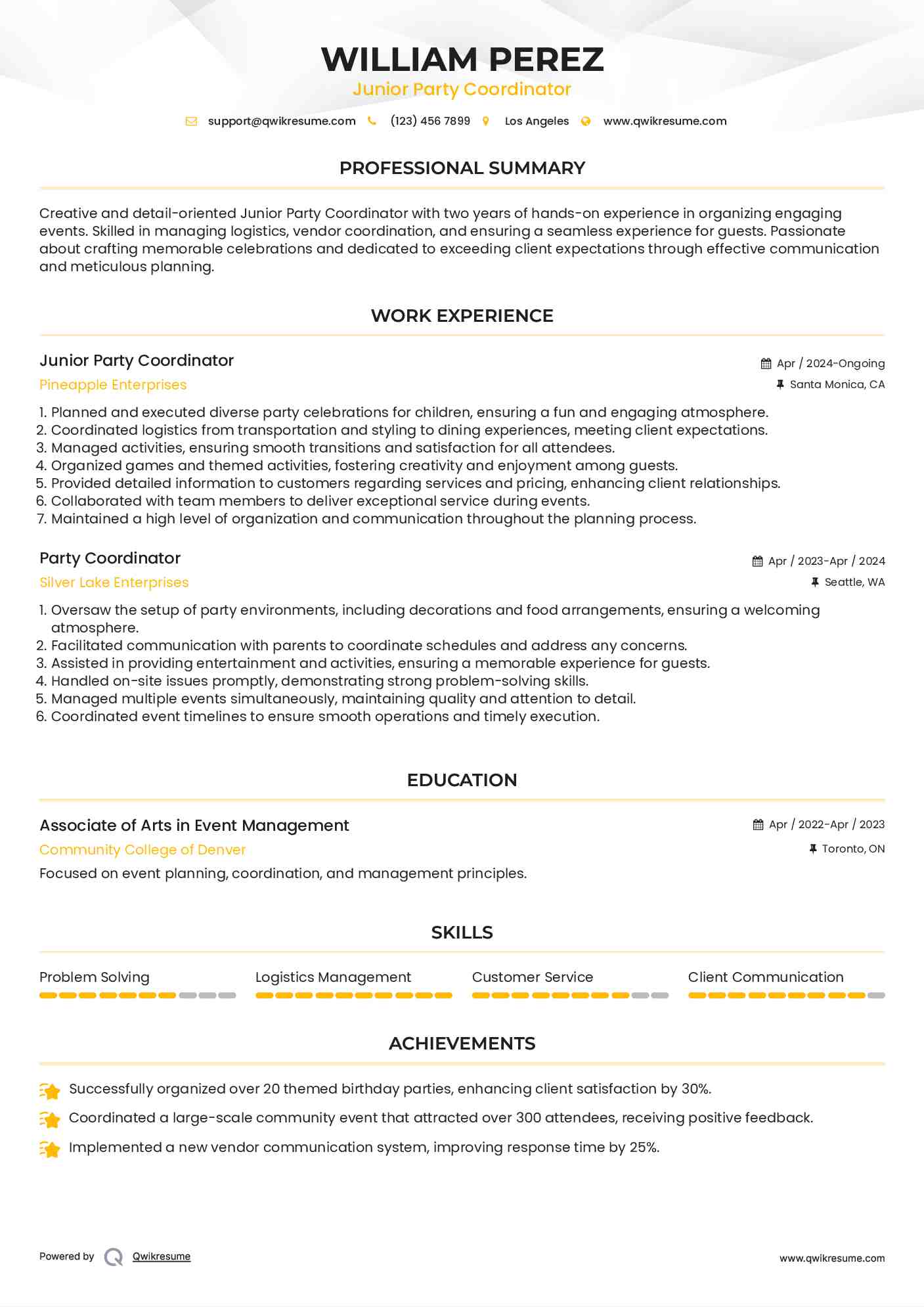 Junior Party Coordinator Resume Format