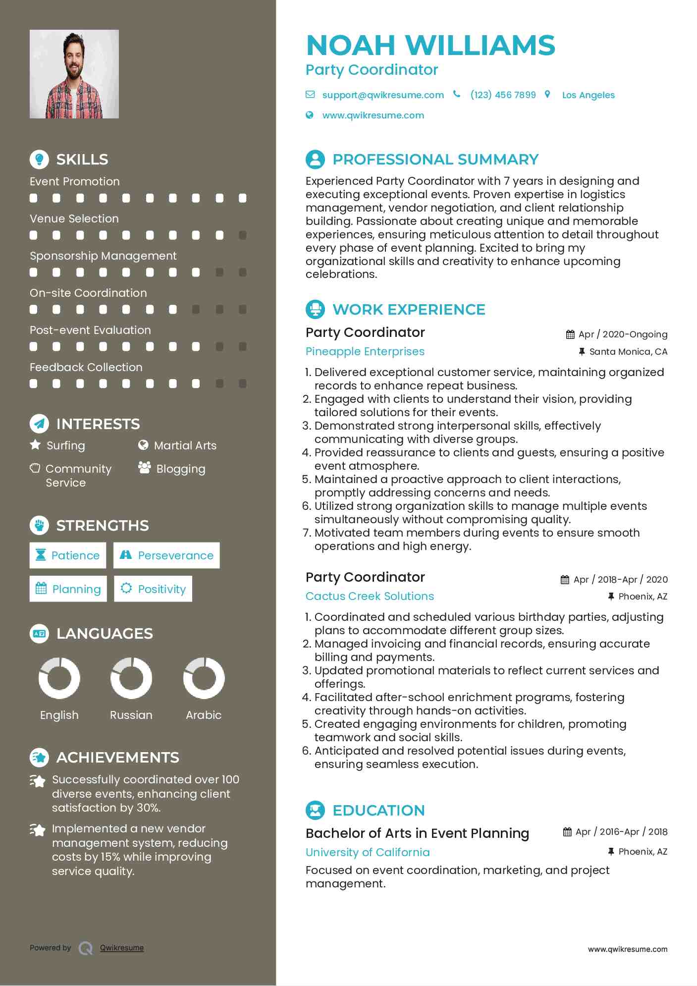 Party Coordinator Resume Sample