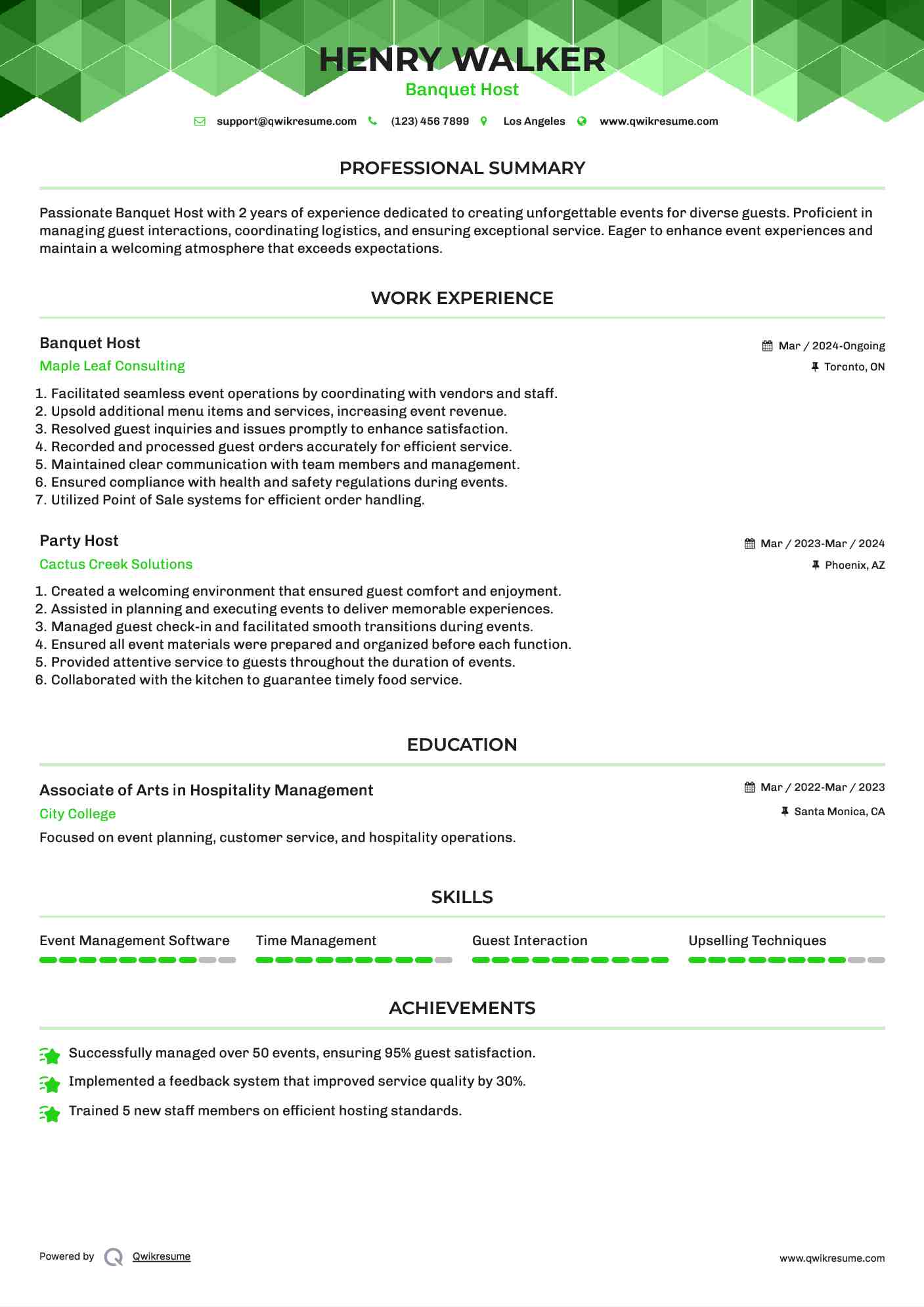 Banquet Host Resume Sample