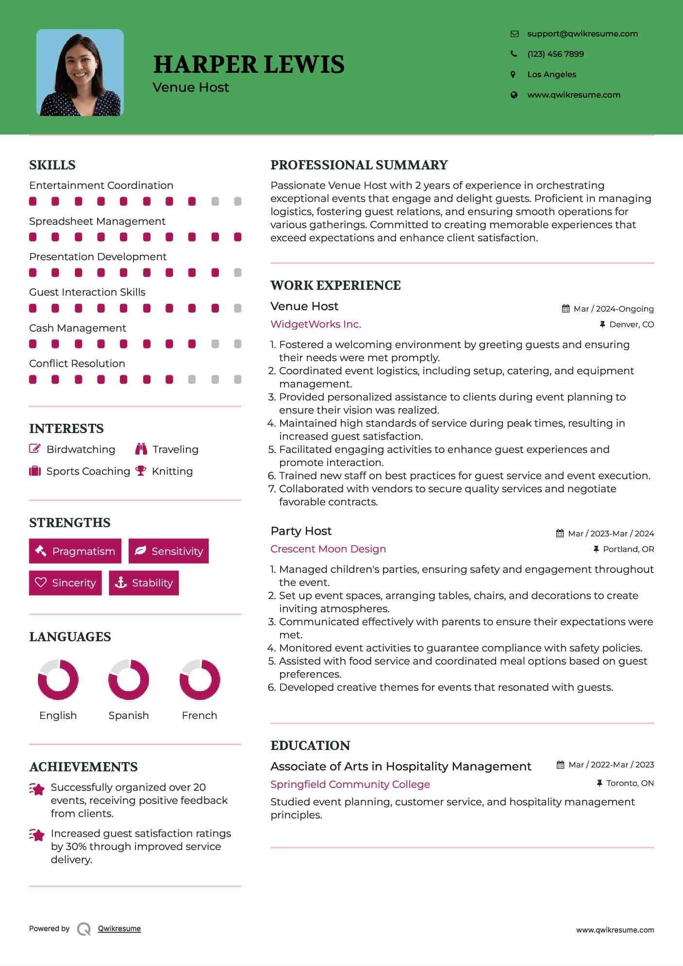 Venue Host Resume Sample