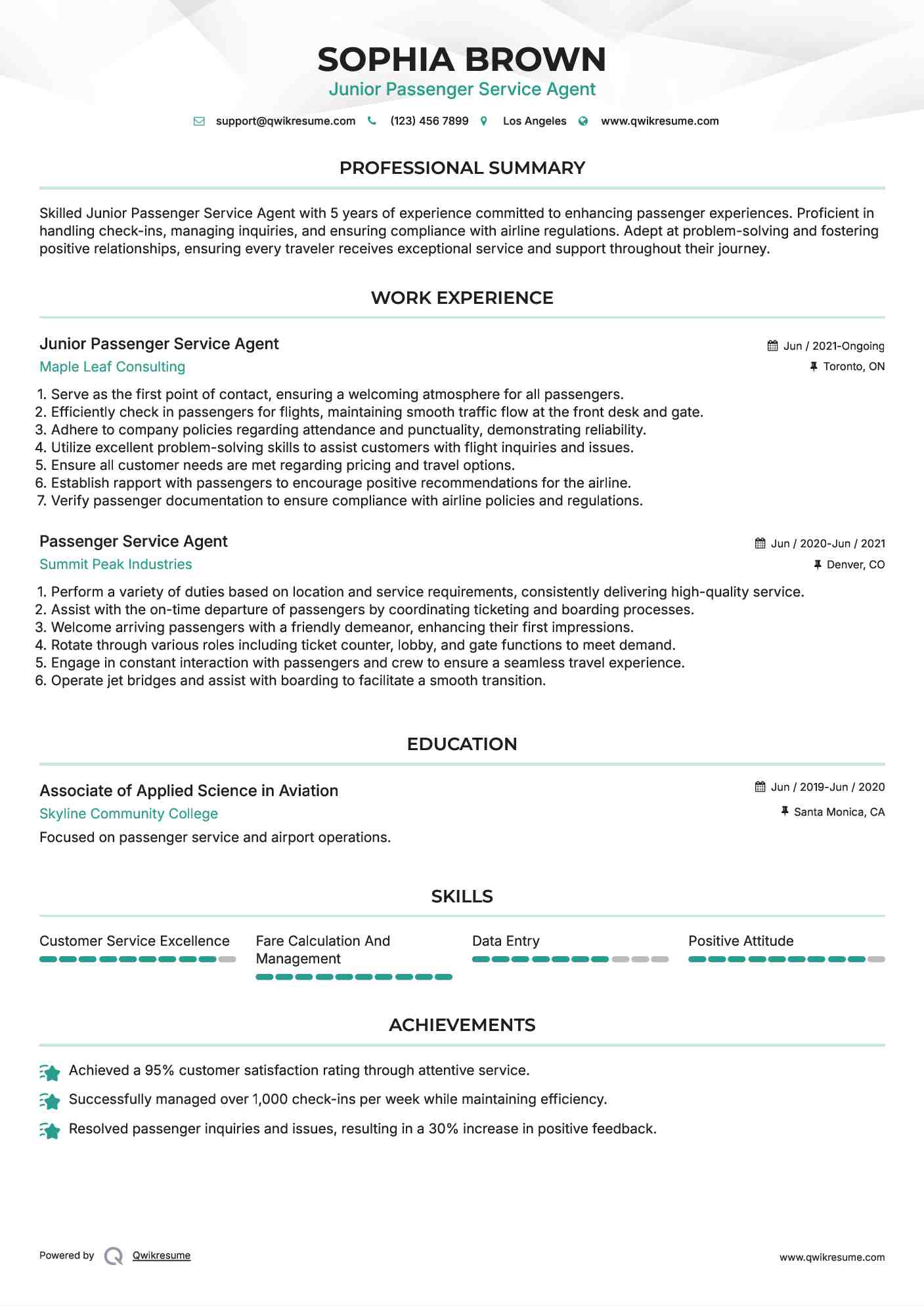 Junior Passenger Service Agent Resume Sample