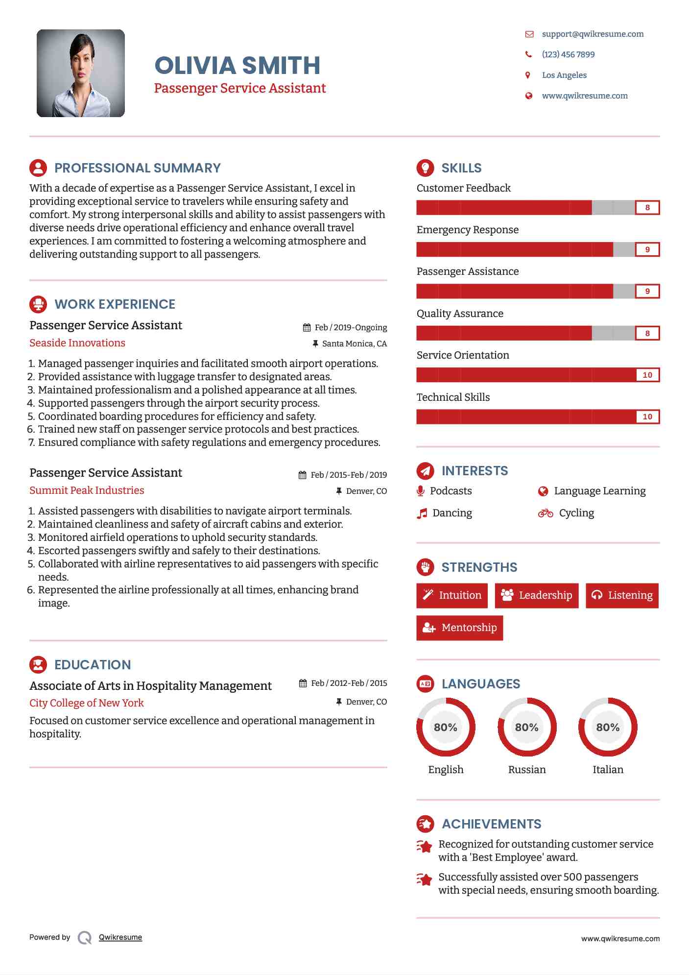 Passenger Service Assistant Resume Template