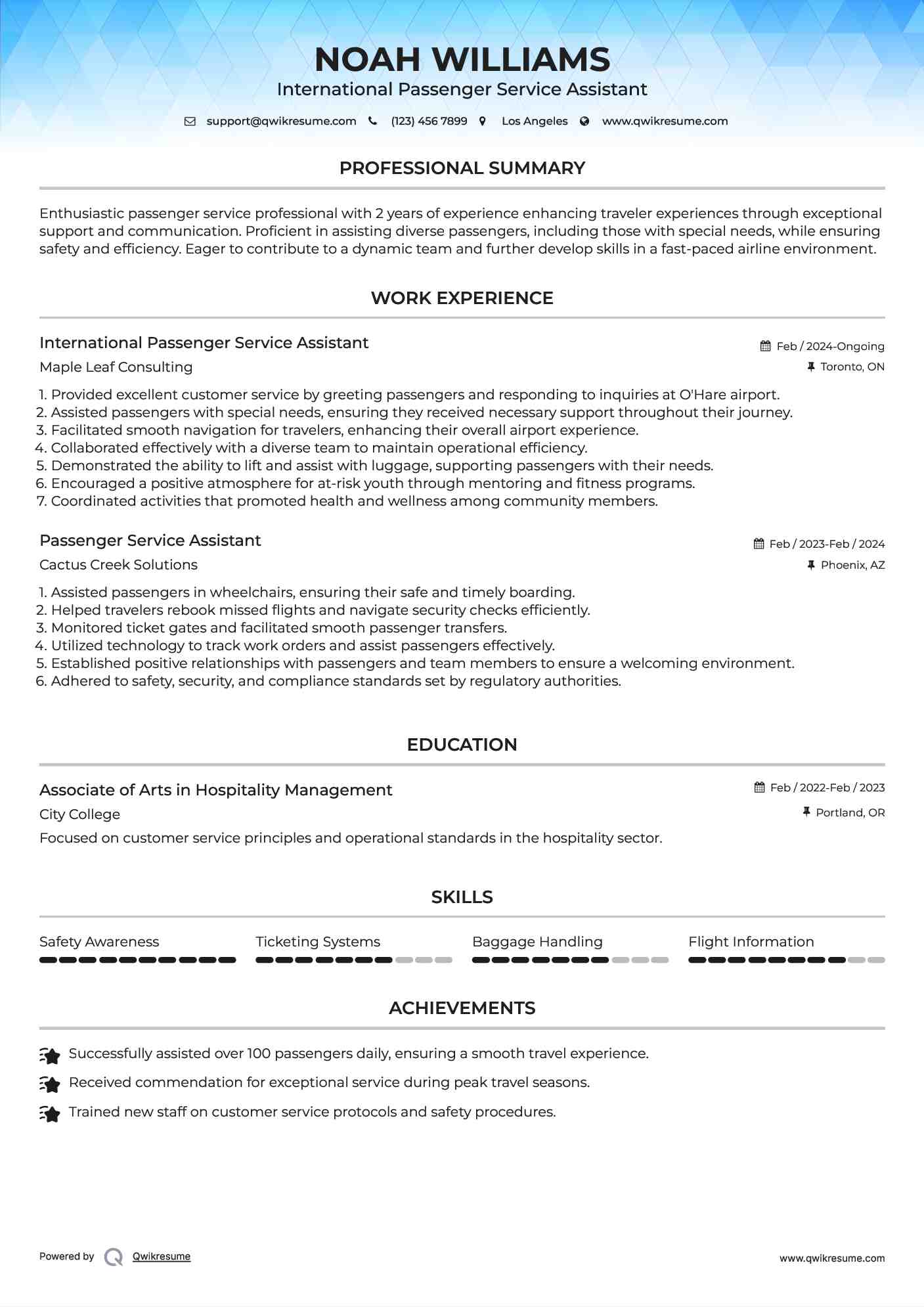 International Passenger Service Assistant Resume Sample