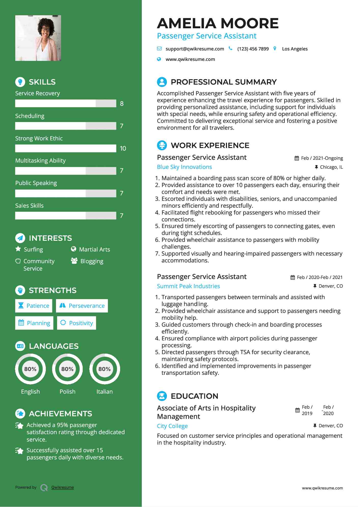 Passenger Service Assistant Resume Example