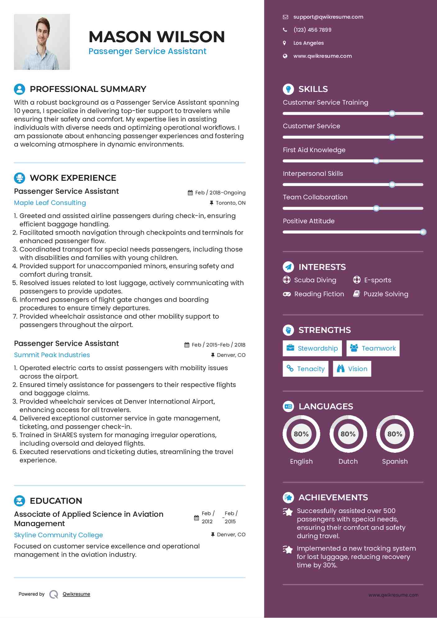 Passenger Service Assistant Resume Template