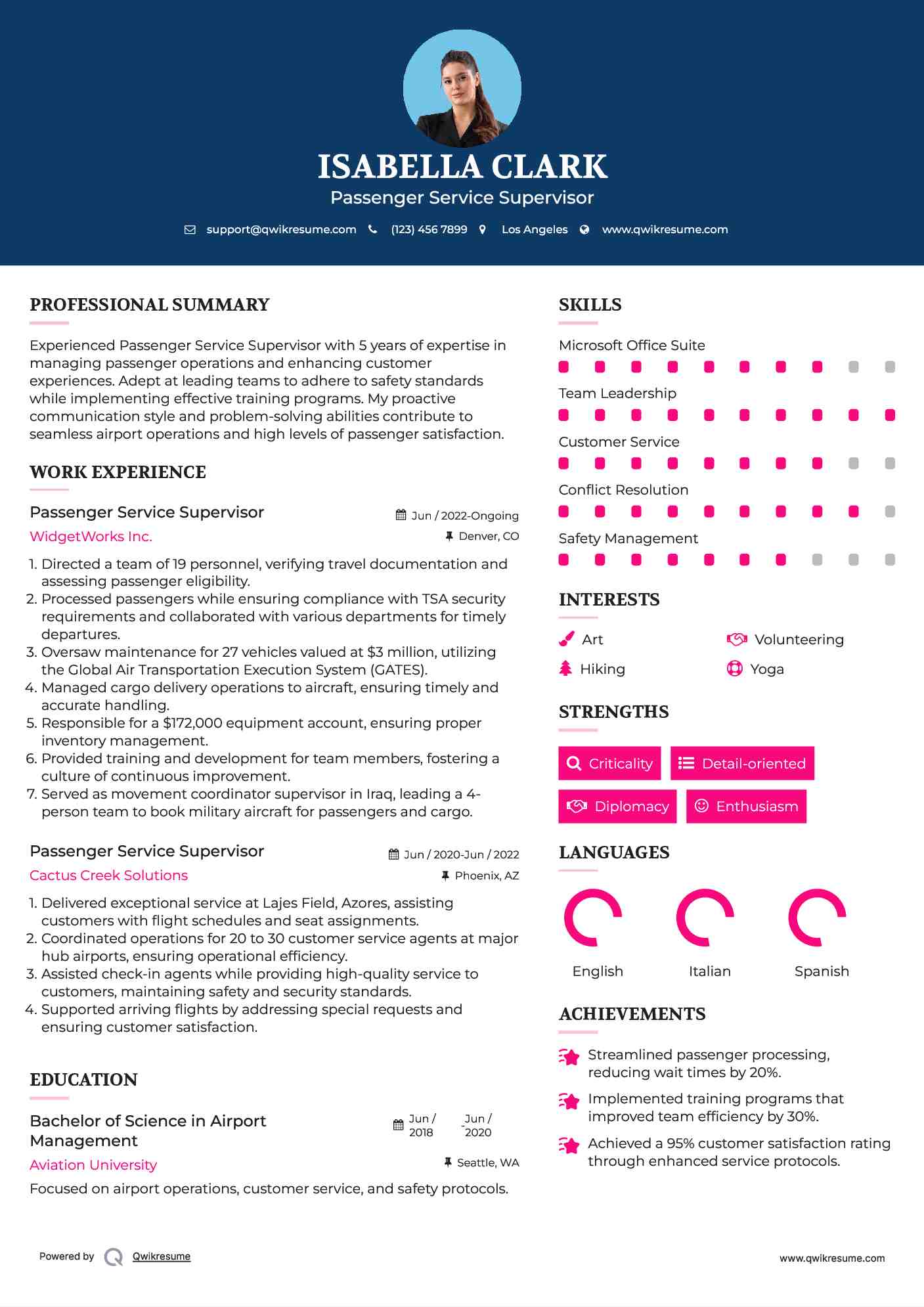 Passenger Service Supervisor Resume Model