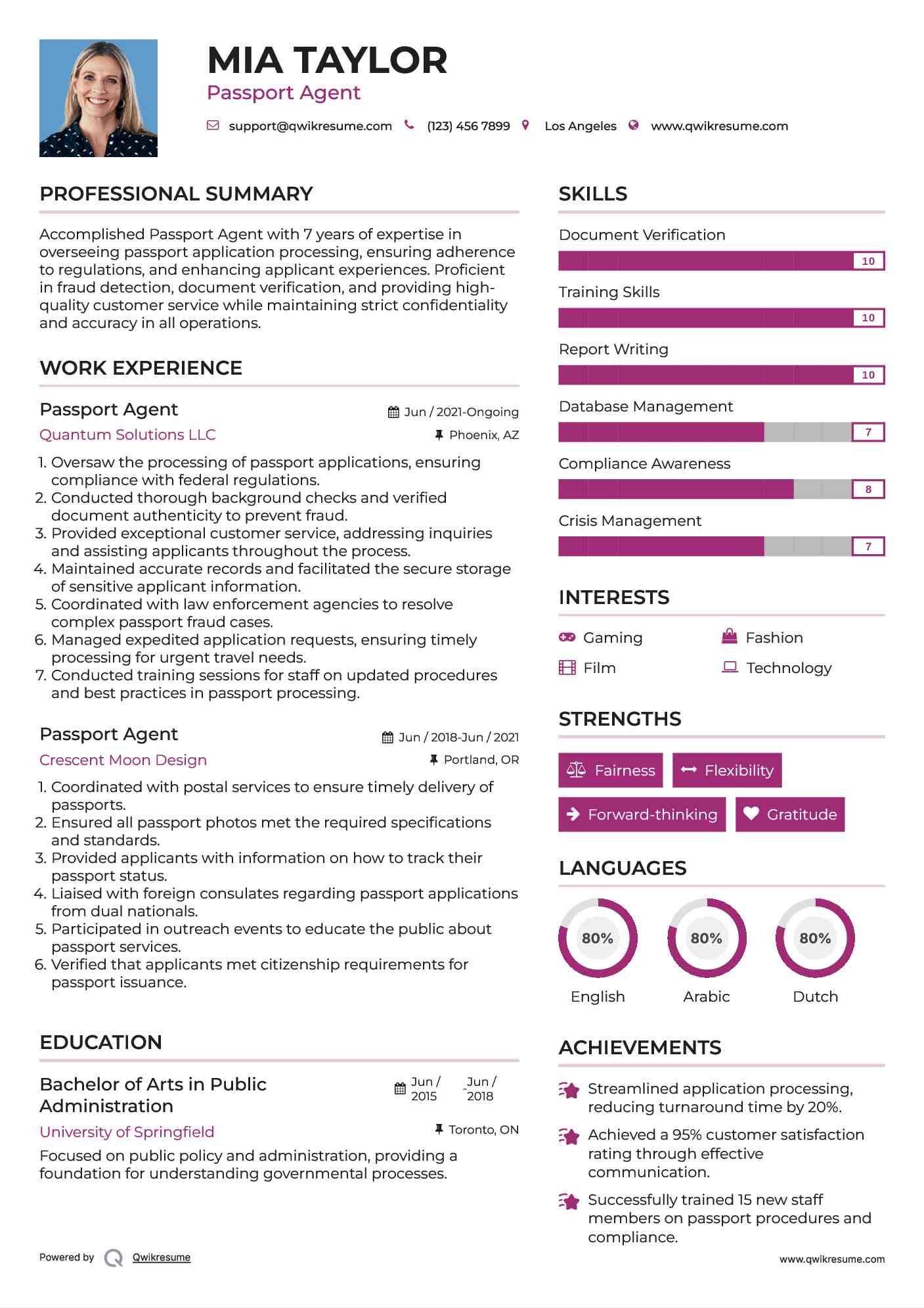 Passport Agent Resume Model