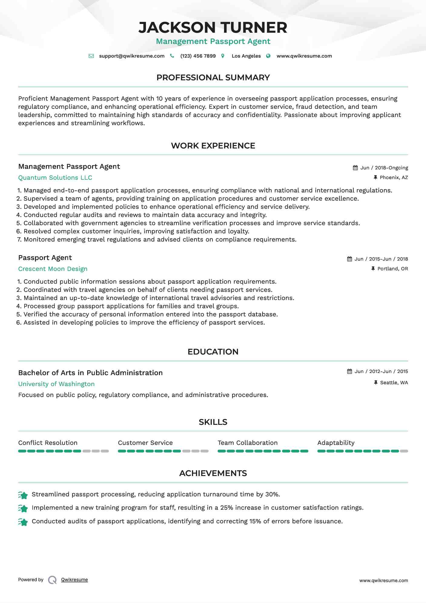 Management Passport Agent Resume Sample