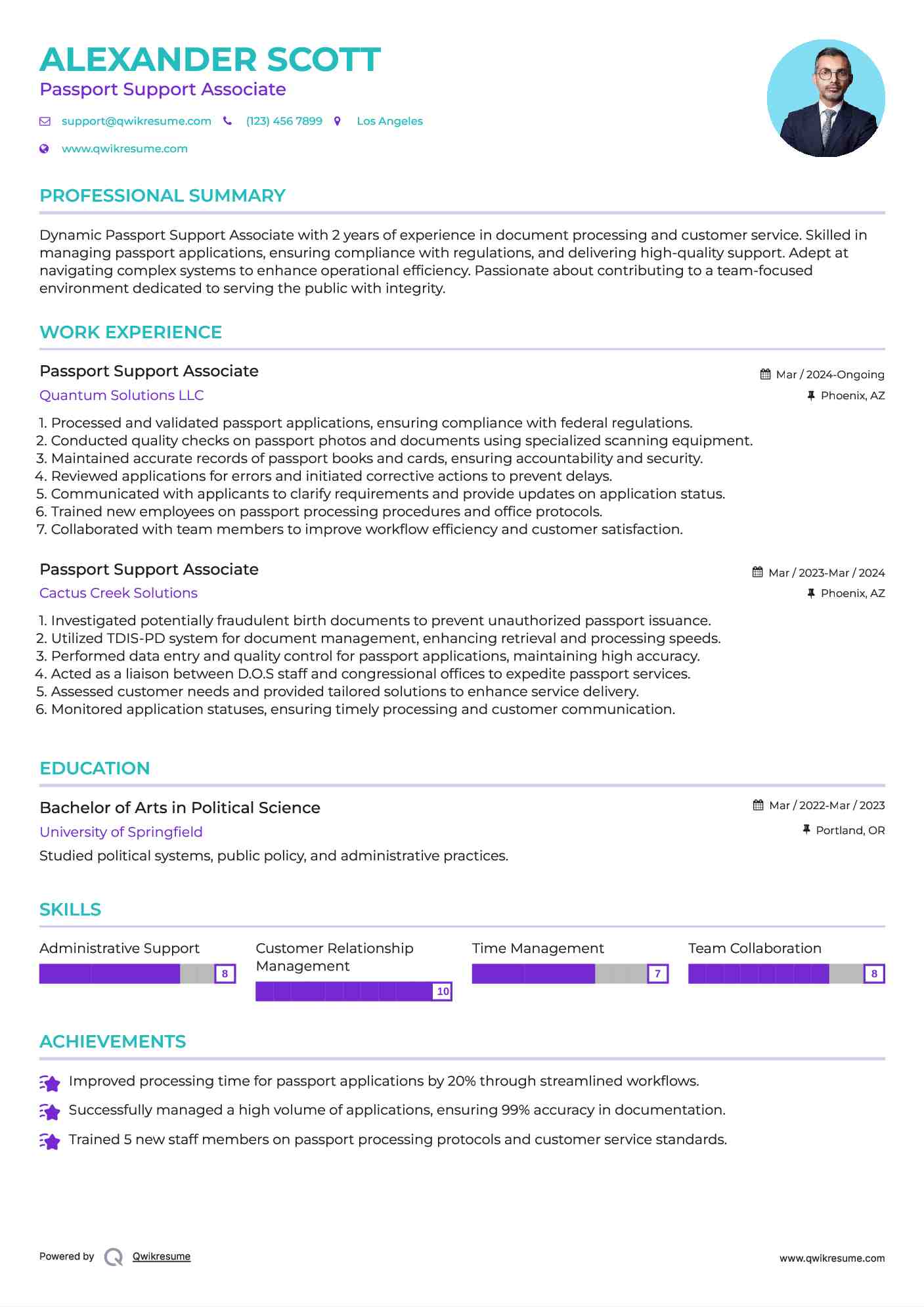 Passport Support Associate Resume Format