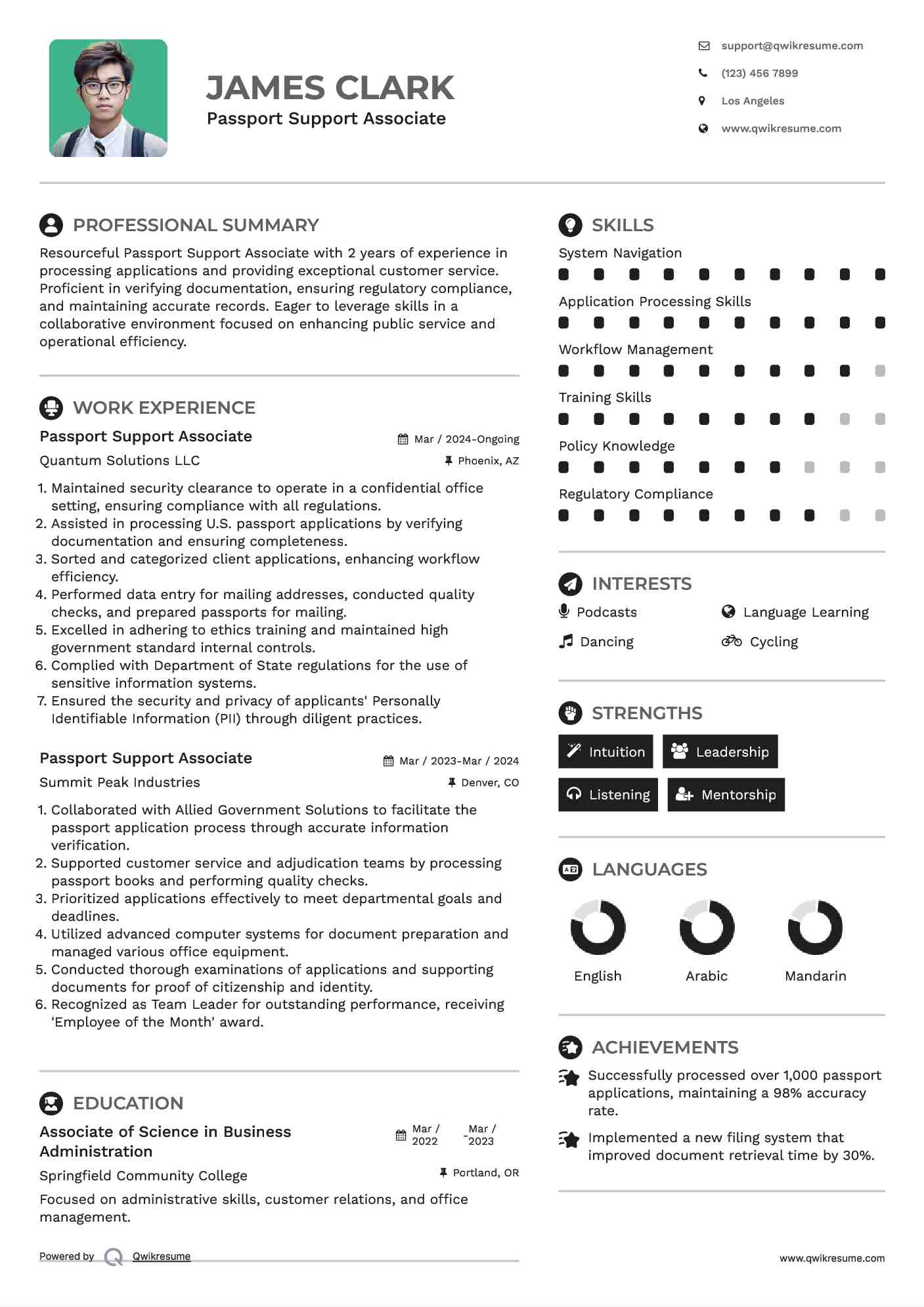Passport Support Associate Resume Format