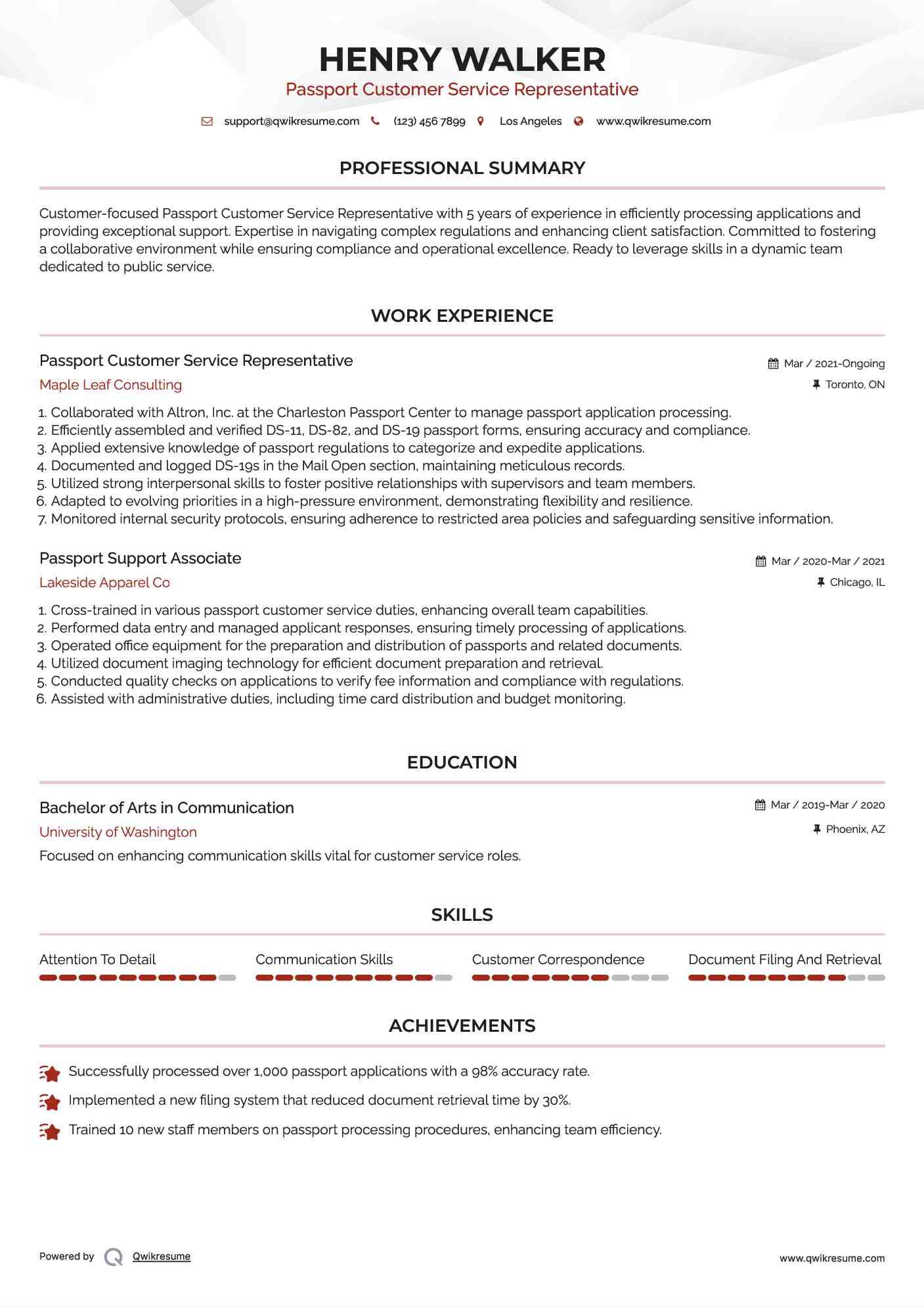 Passport Customer Service Representative Resume Sample