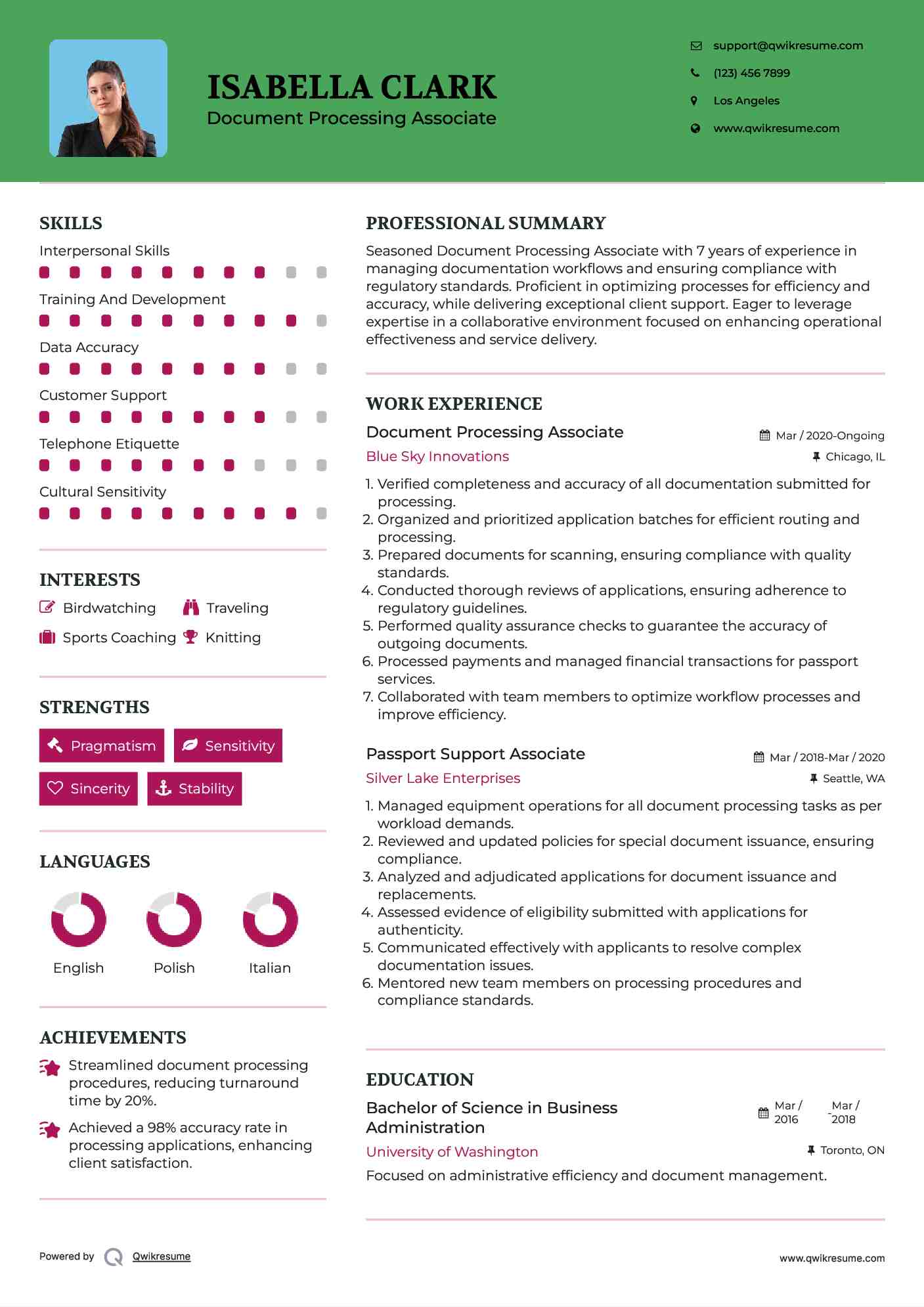 Document Processing Associate Resume Model