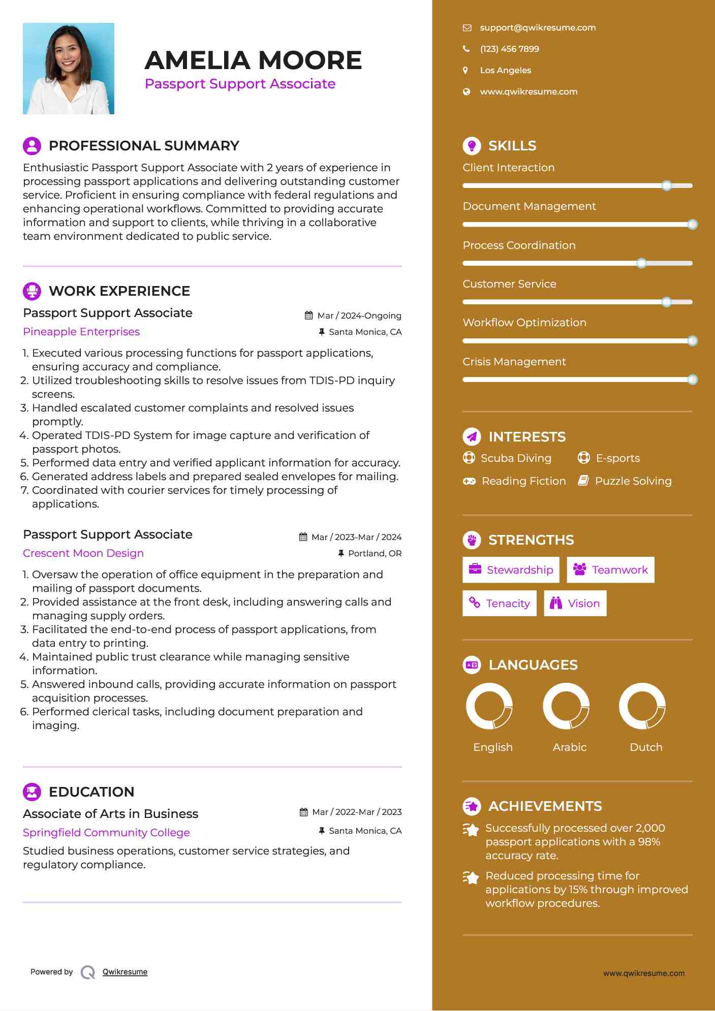 Passport Support Associate Resume Sample