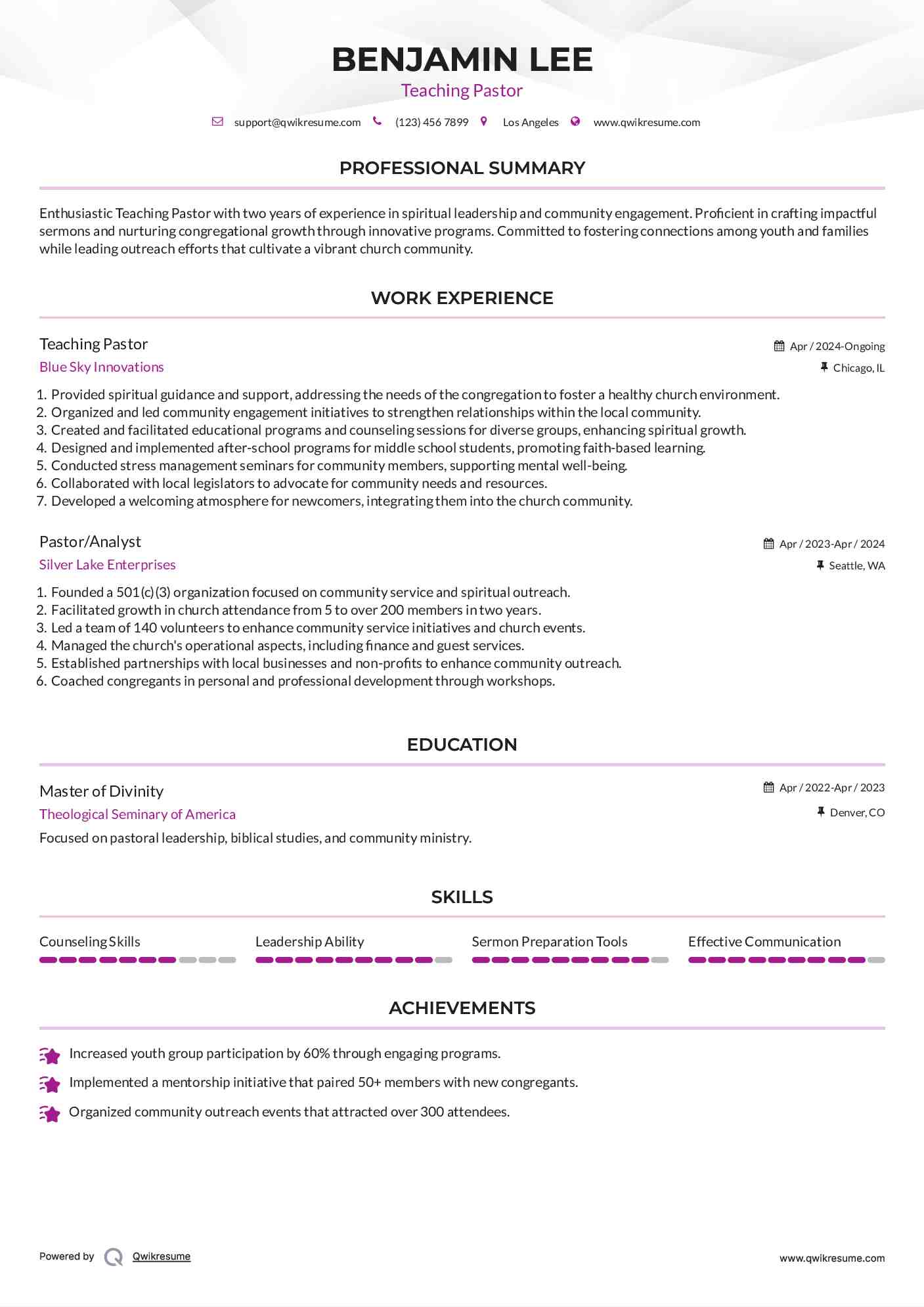 Teaching Pastor Resume Sample