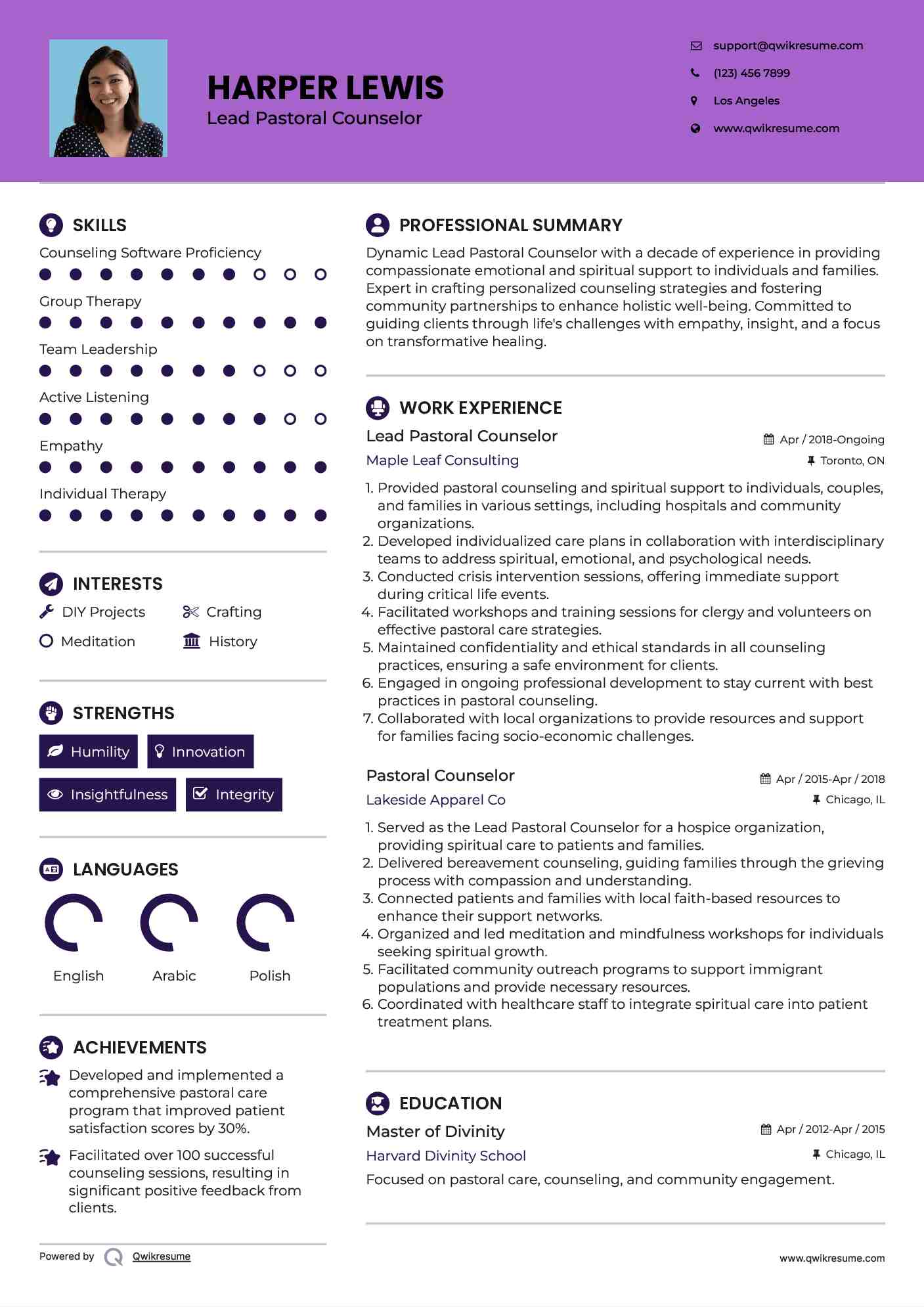 Lead Pastoral Counselor Resume Template