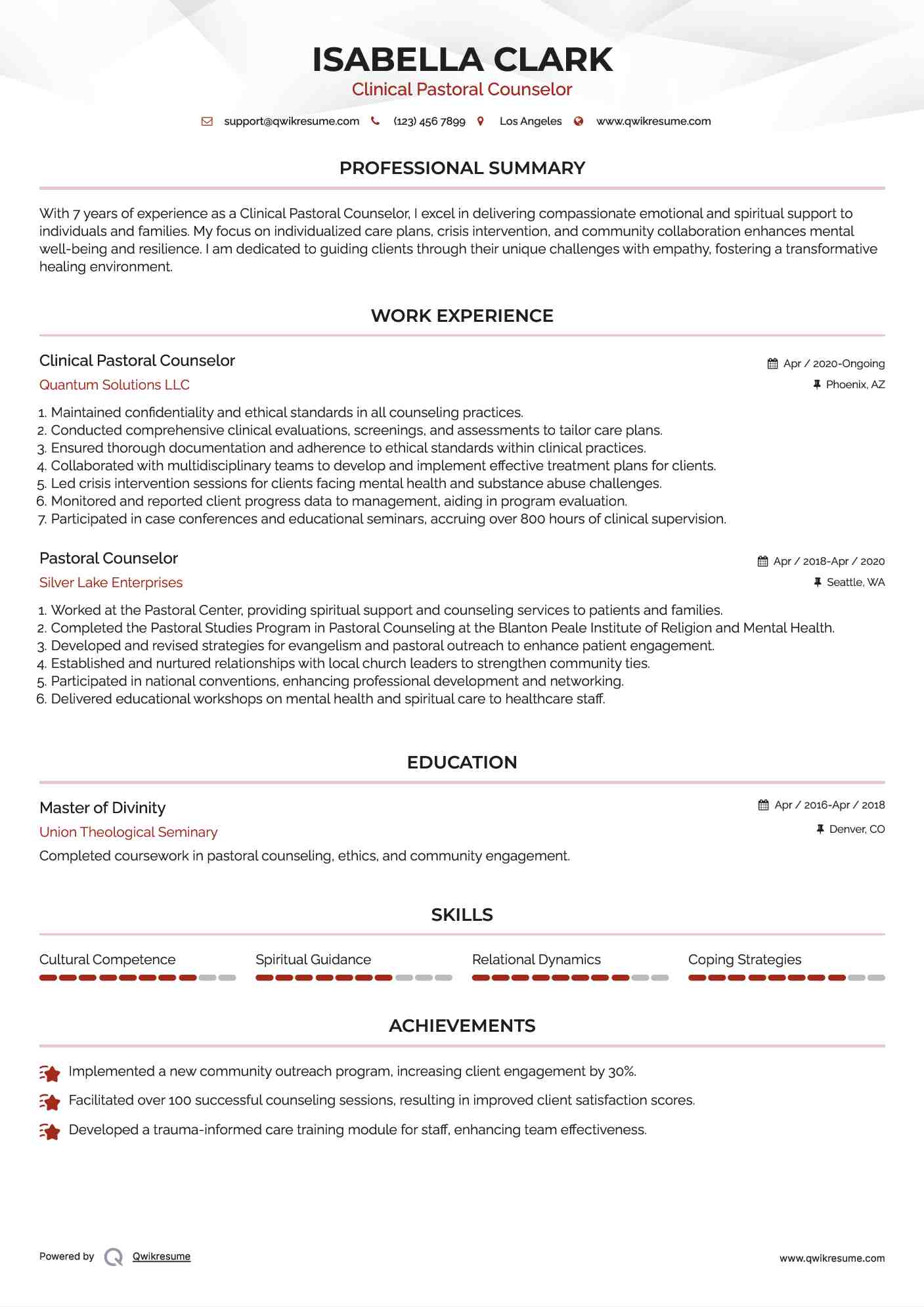 Clinical Pastoral Counselor Resume Template