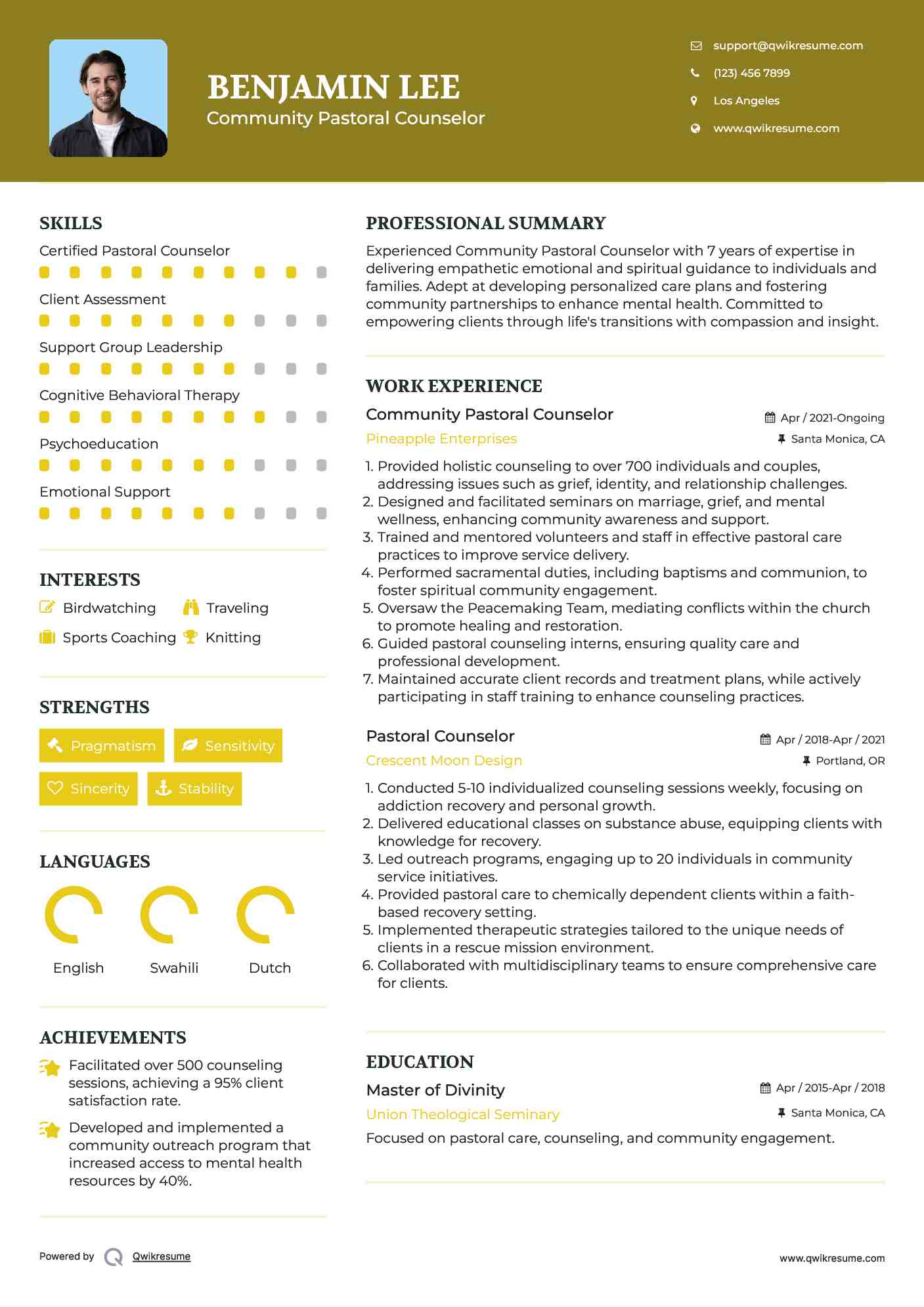 Community Pastoral Counselor Resume Template