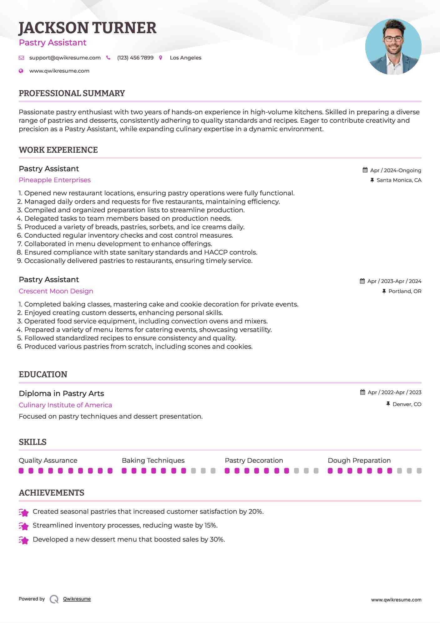 Pastry Assistant Resume Example