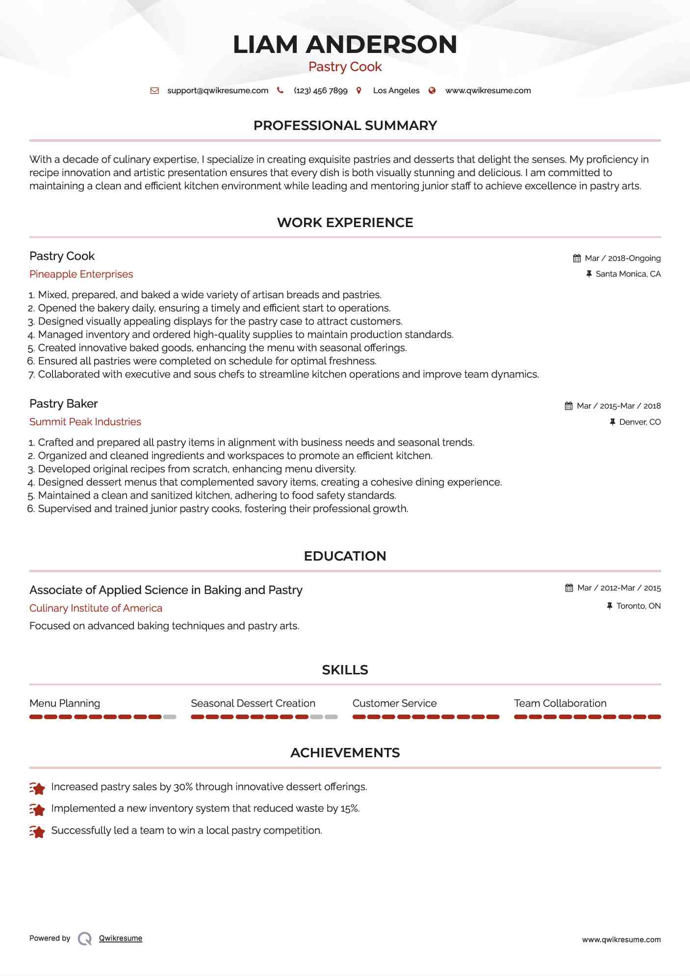 Pastry Cook Resume Sample