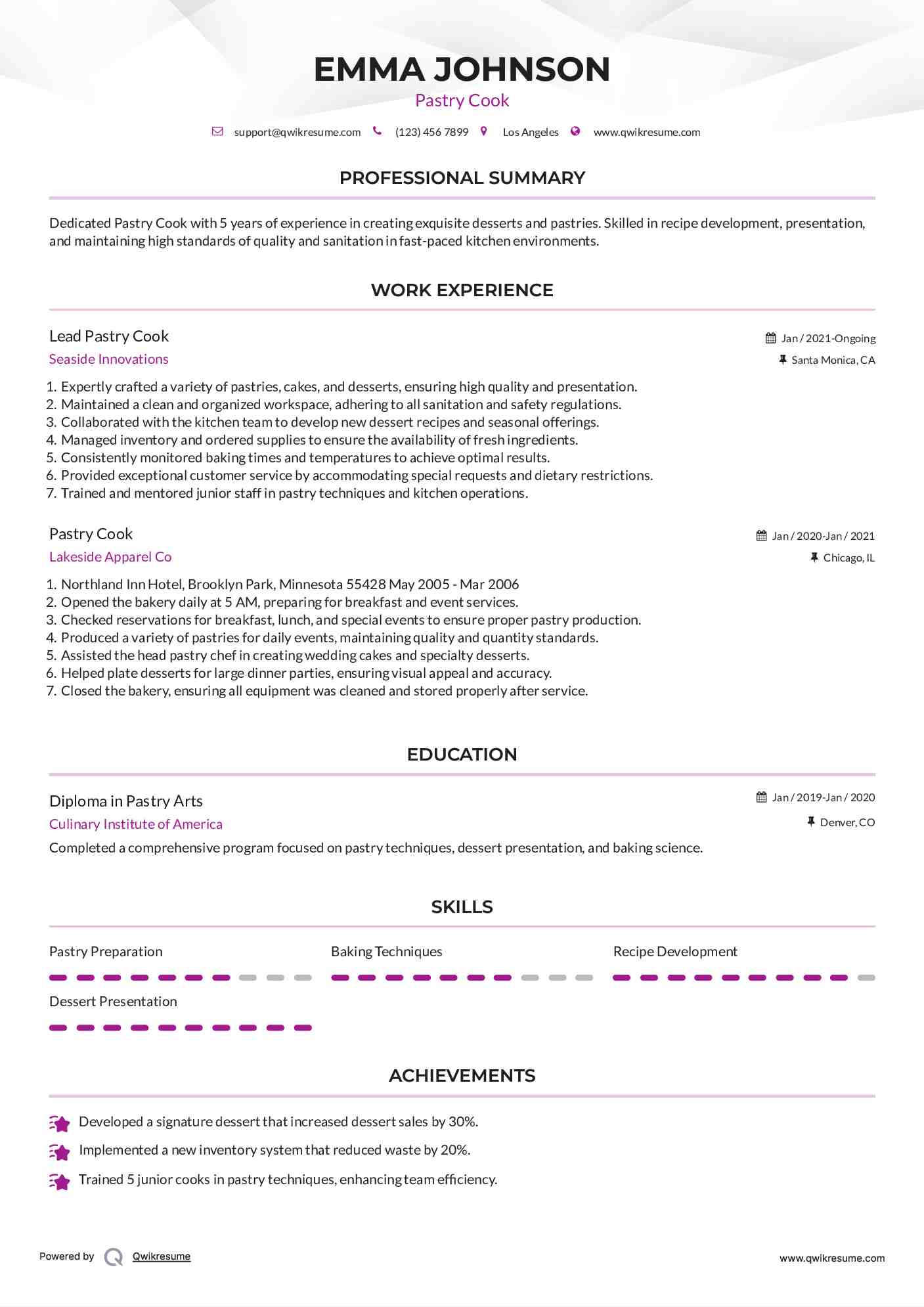 Lead Pastry Cook Resume Example