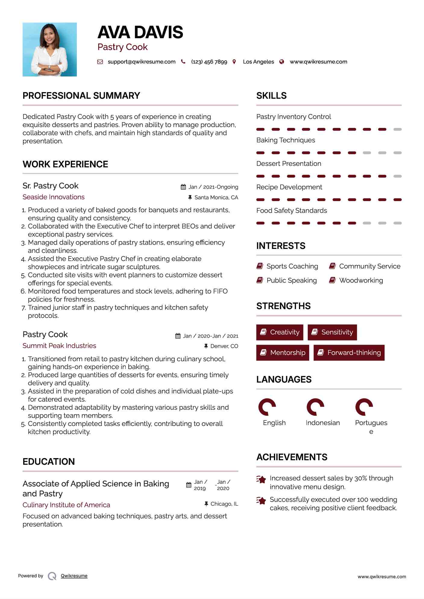 Sr. Pastry Cook Resume Template