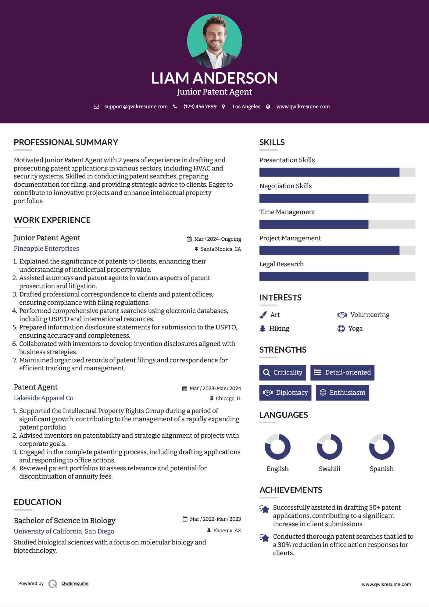 Junior Patent Agent Resume Sample