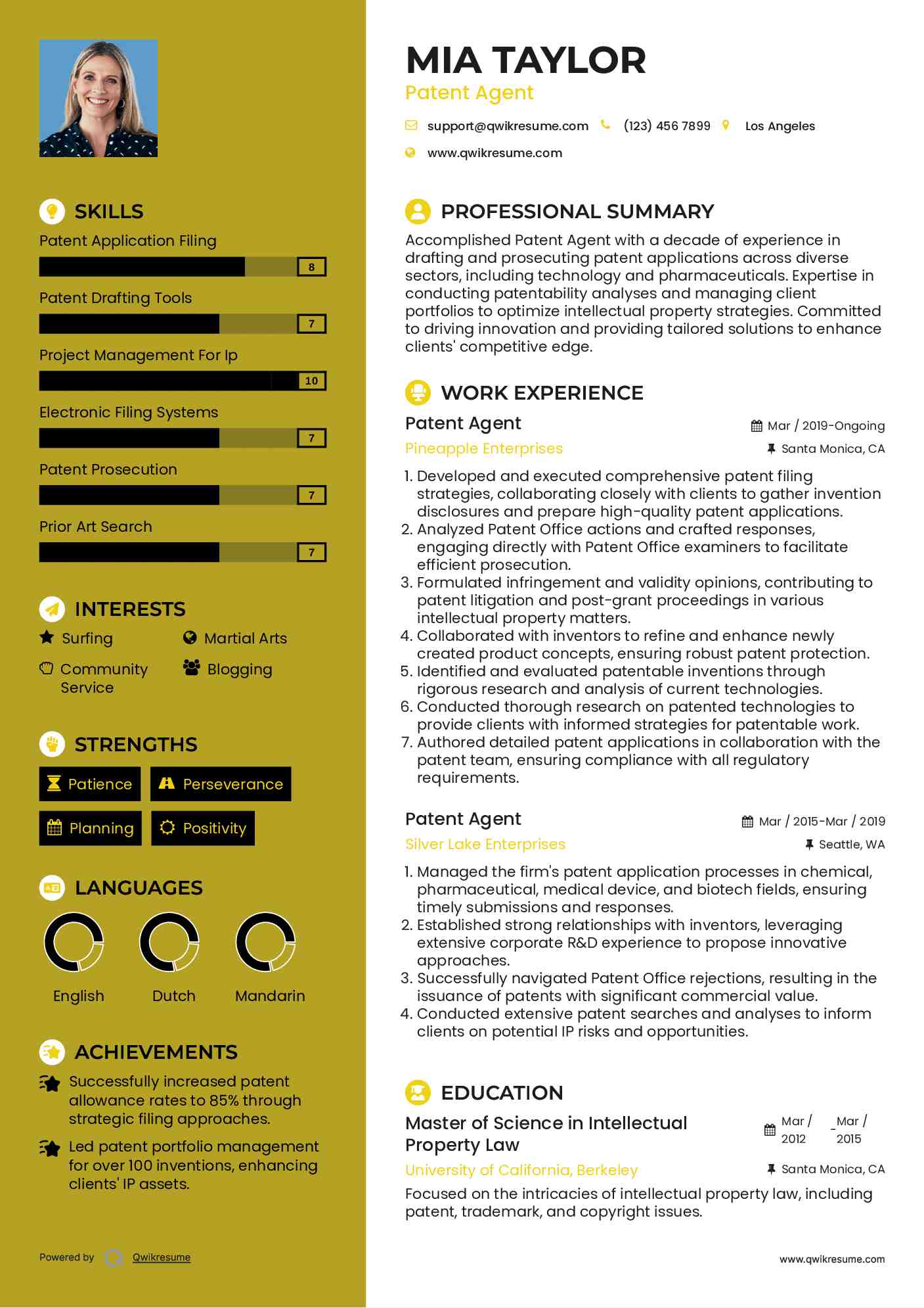 Patent Agent Resume Example