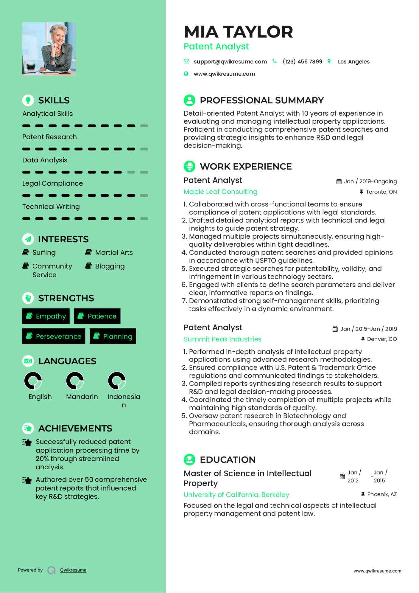 Patent Analyst Resume Model