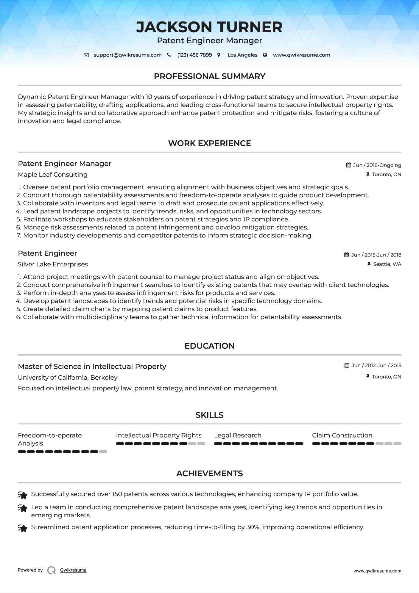 Patent Engineer Manager Resume Template