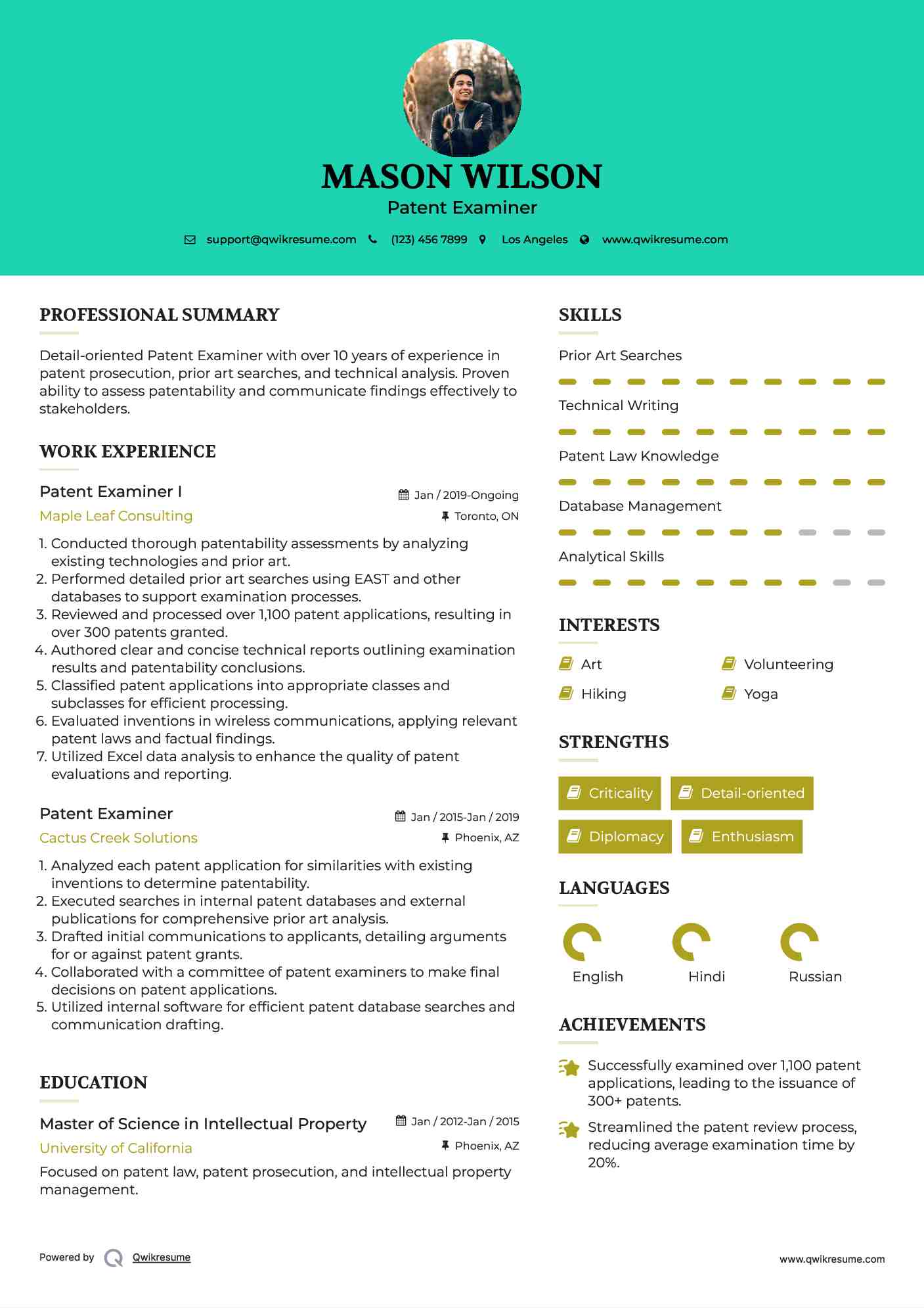 Patent Examiner I Resume Example