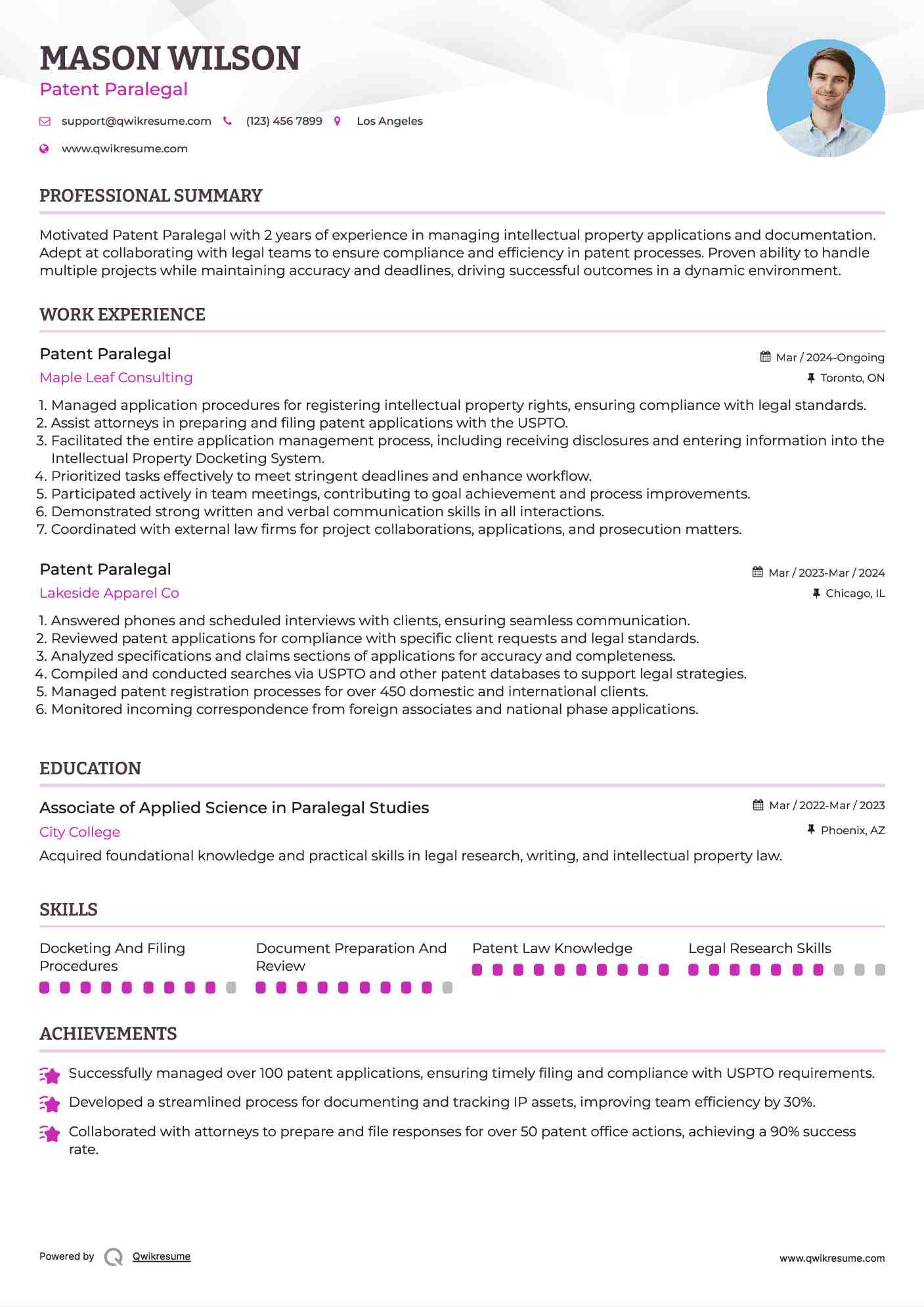 Patent Paralegal Resume Example