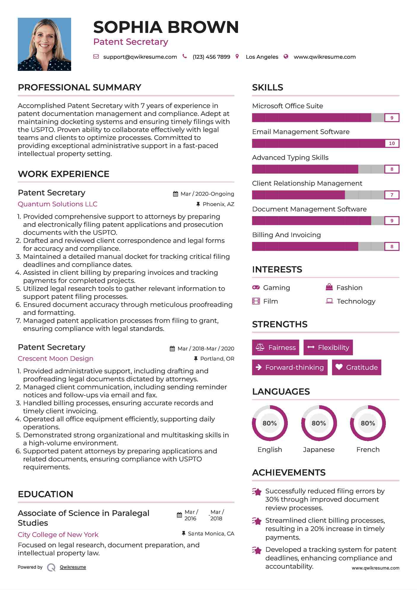 Patent Secretary Resume Example