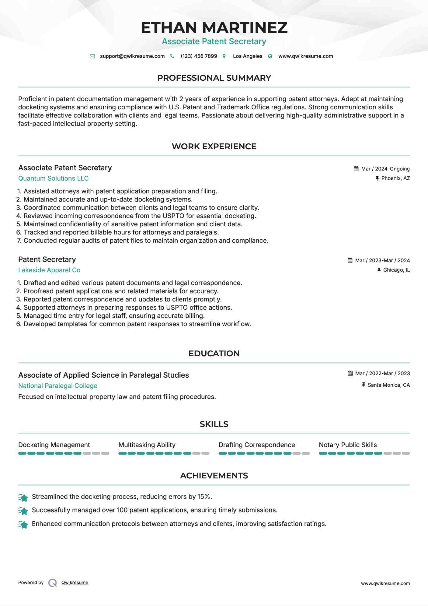 Associate Patent Secretary Resume Template