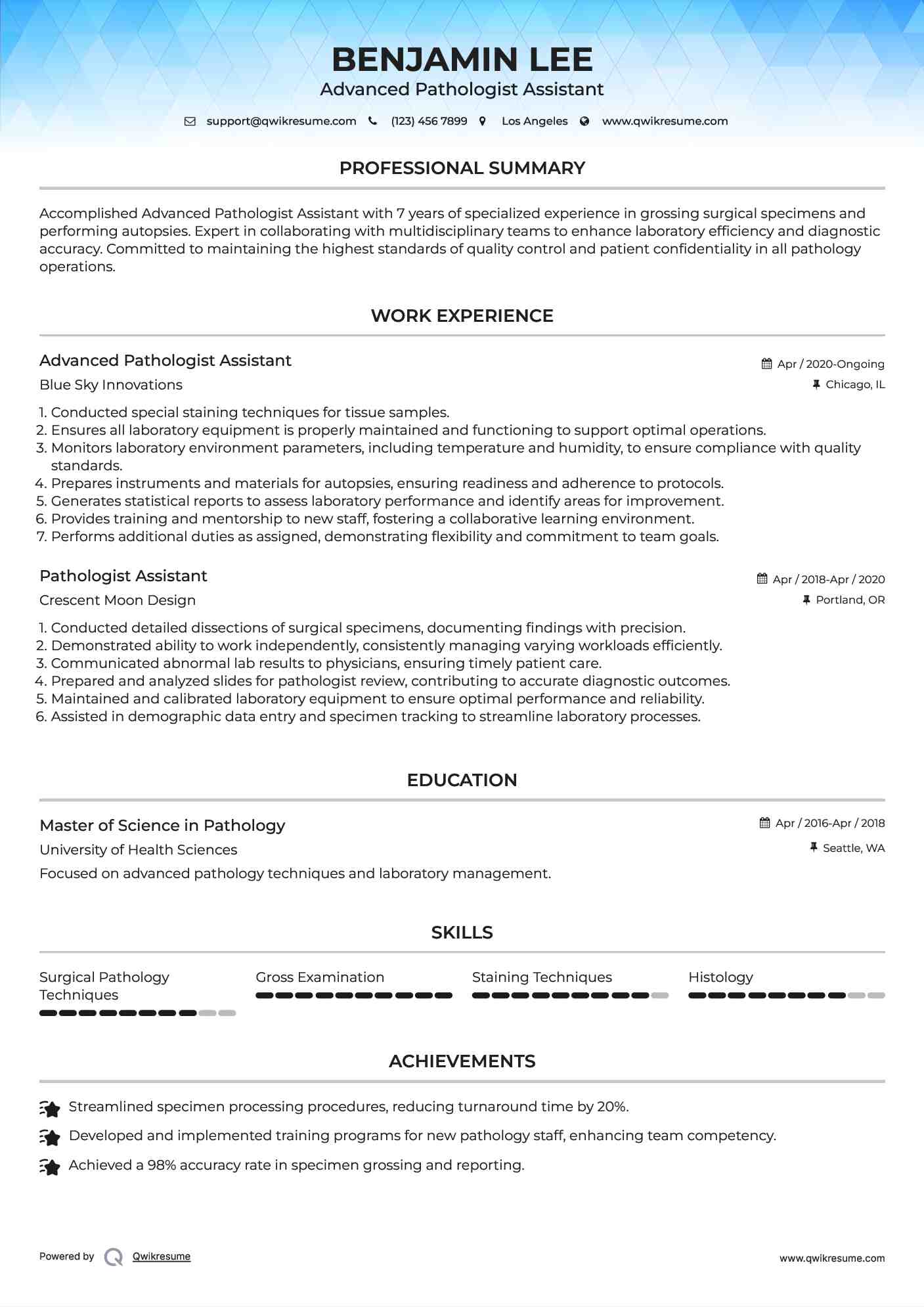 Pathologist Assistant Resume Samples QwikResume