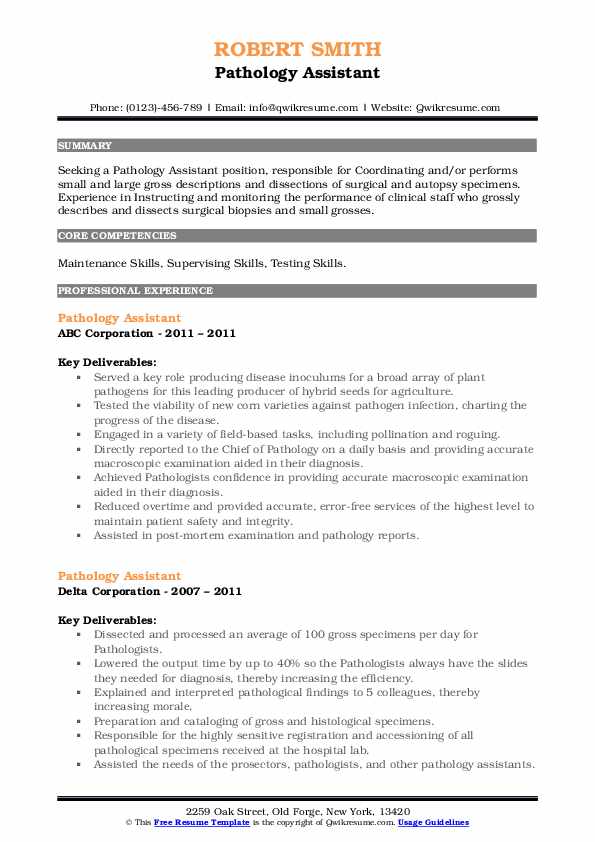 Pathology Assistant Resume Samples QwikResume