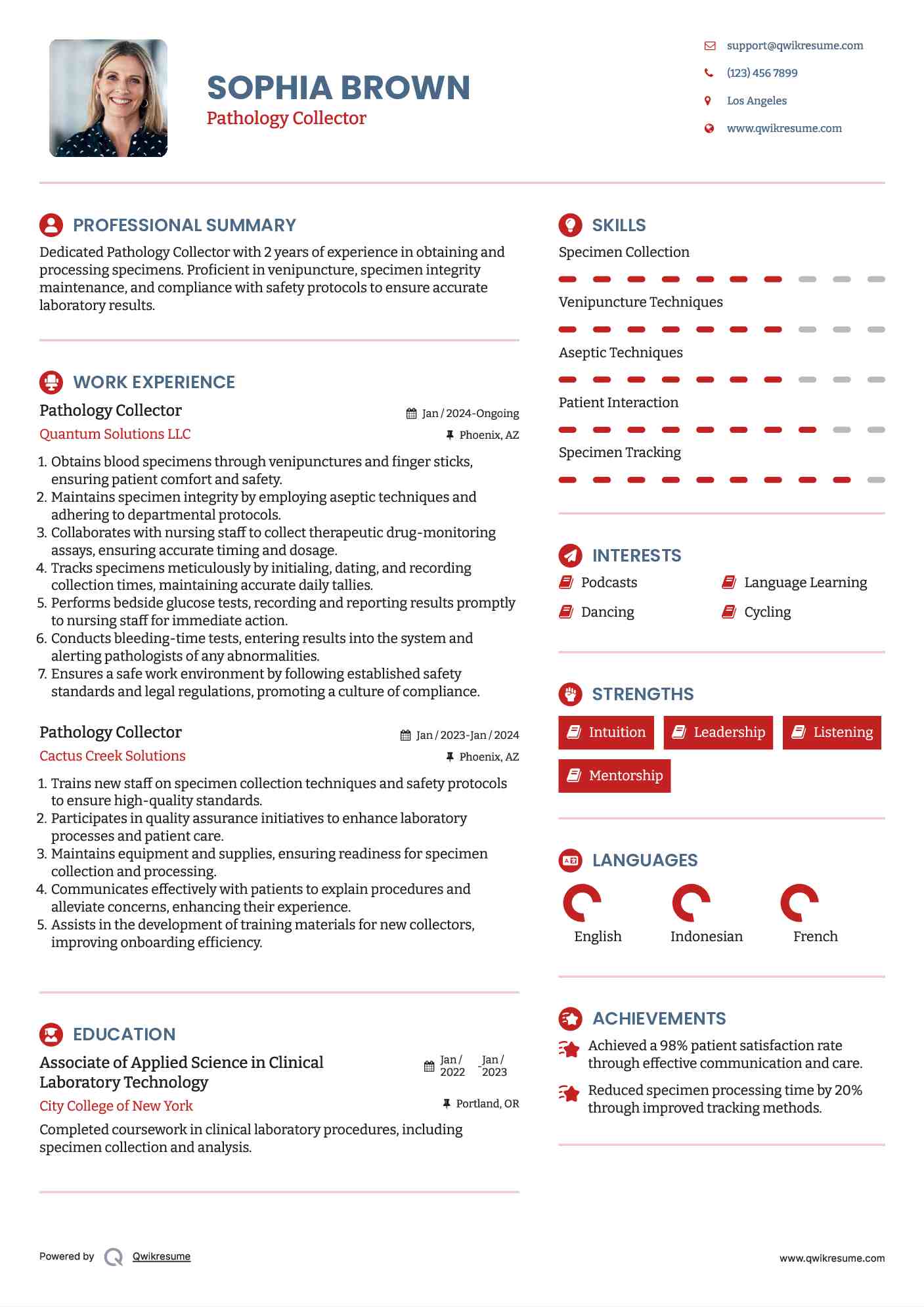 Pathology Collector Resume Samples QwikResume