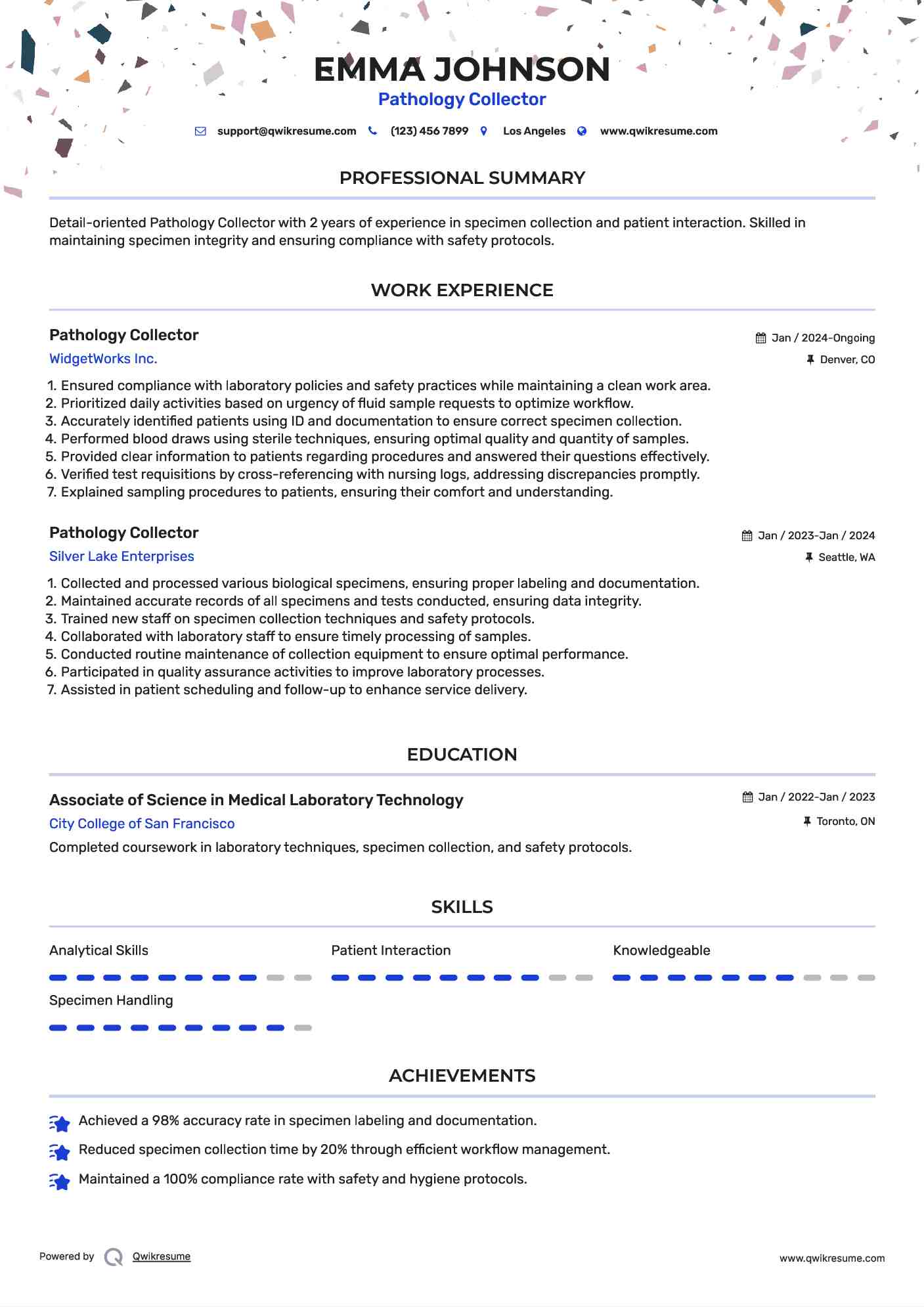 Pathology Collector Resume Model