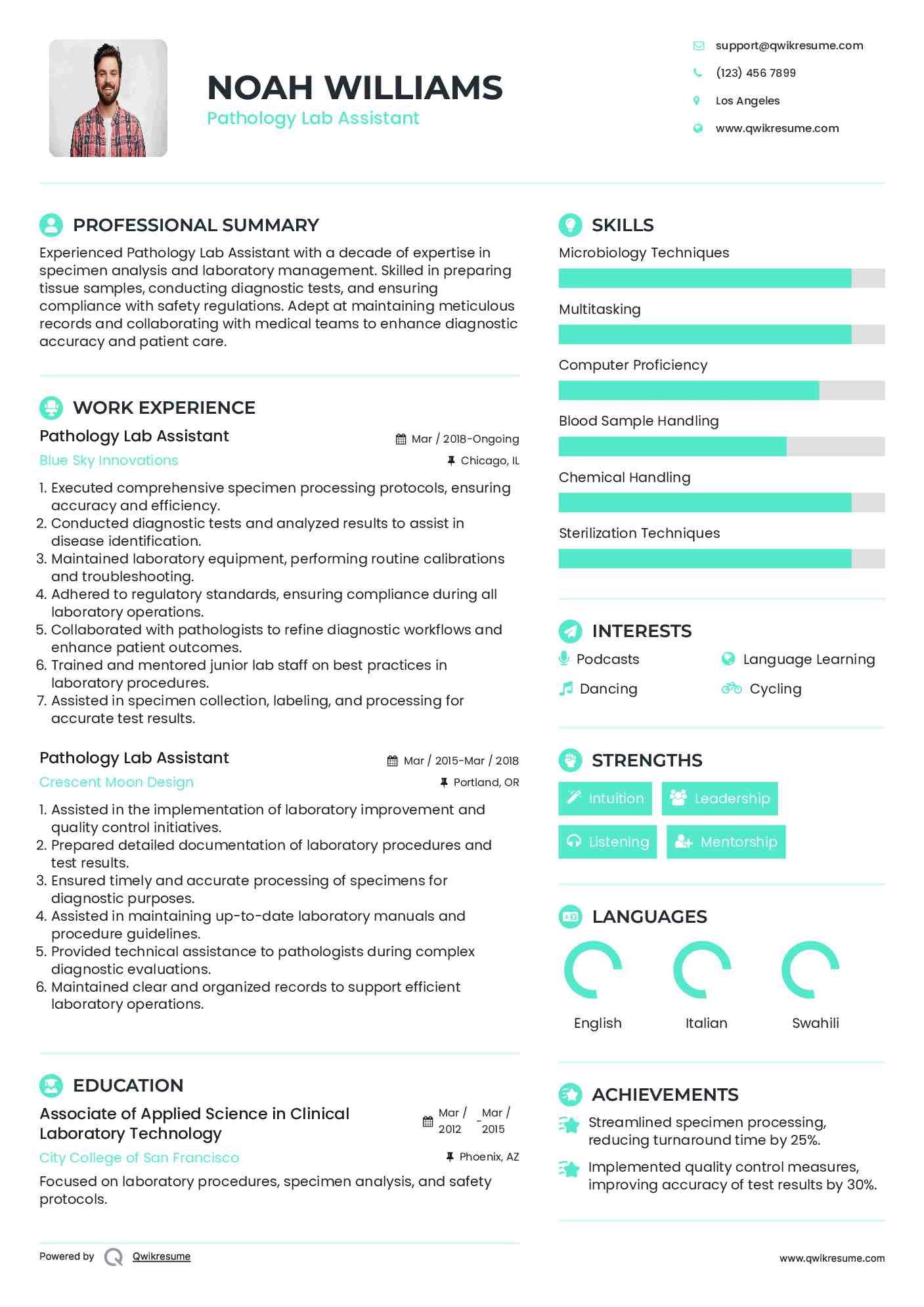 Pathology Lab Assistant Resume Example