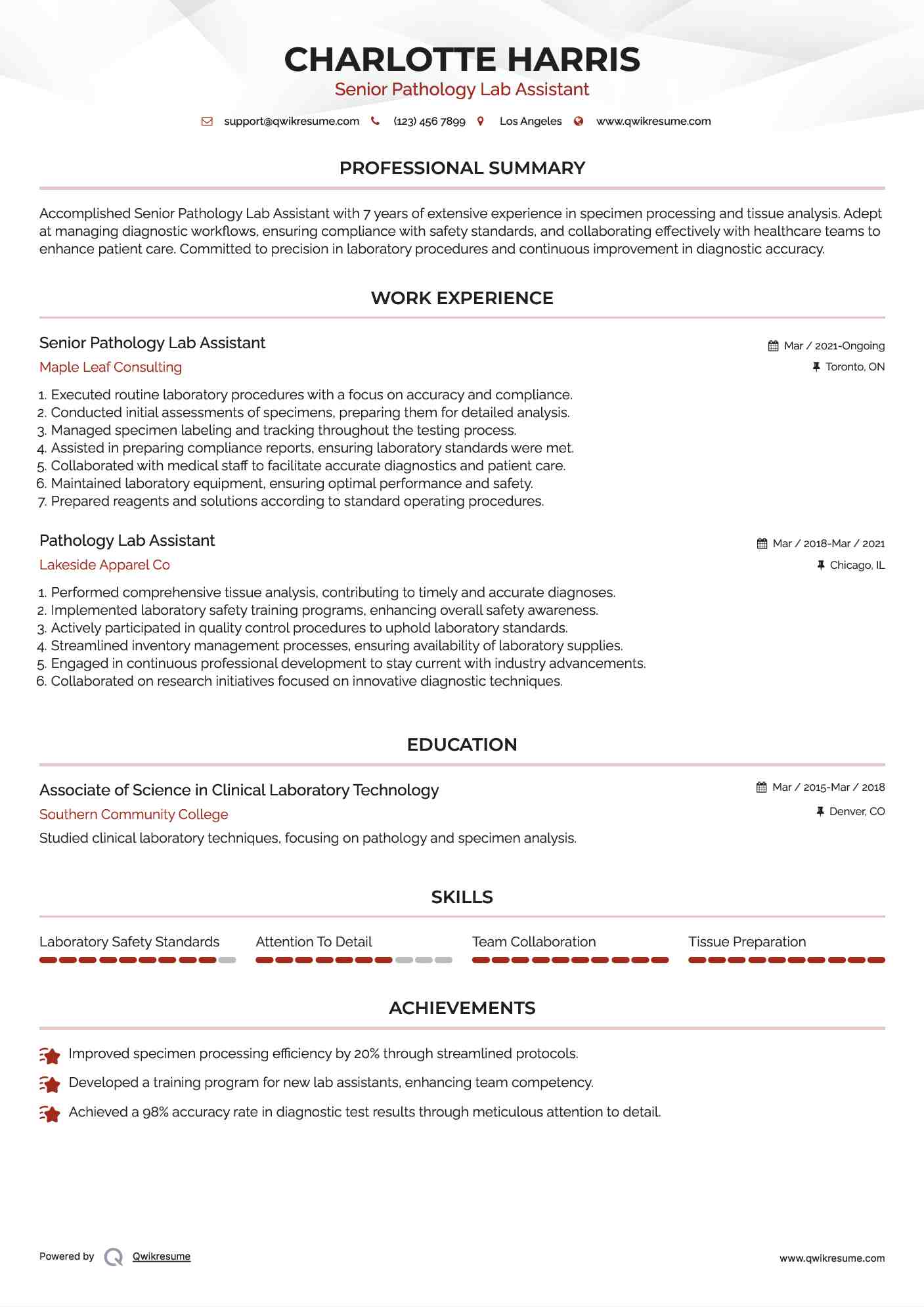 Senior Pathology Lab Assistant Resume Example