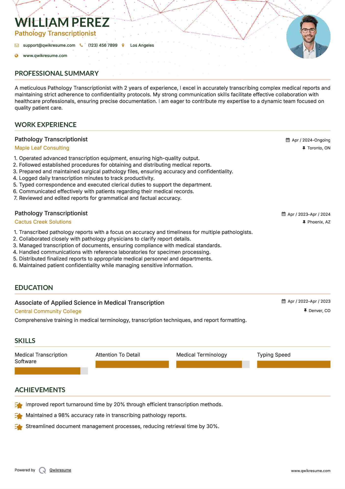 Pathology Transcriptionist Resume Example