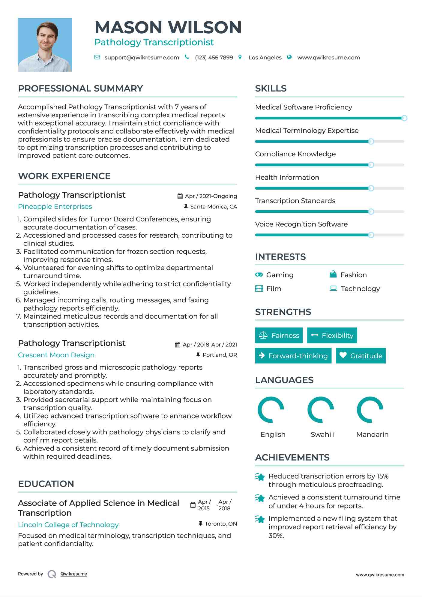 Pathology Transcriptionist Resume Format