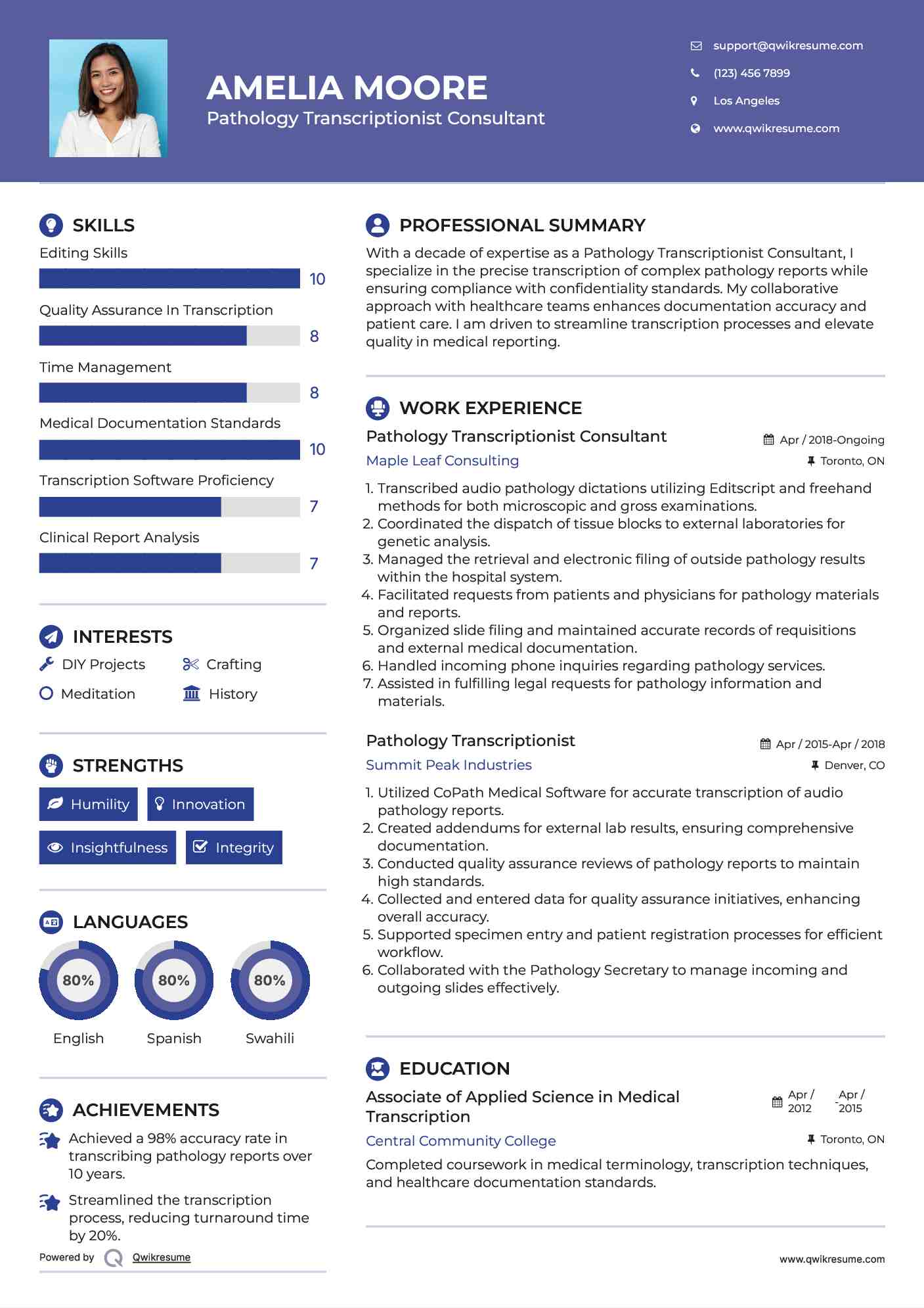 Pathology Transcriptionist Consultant Resume Sample