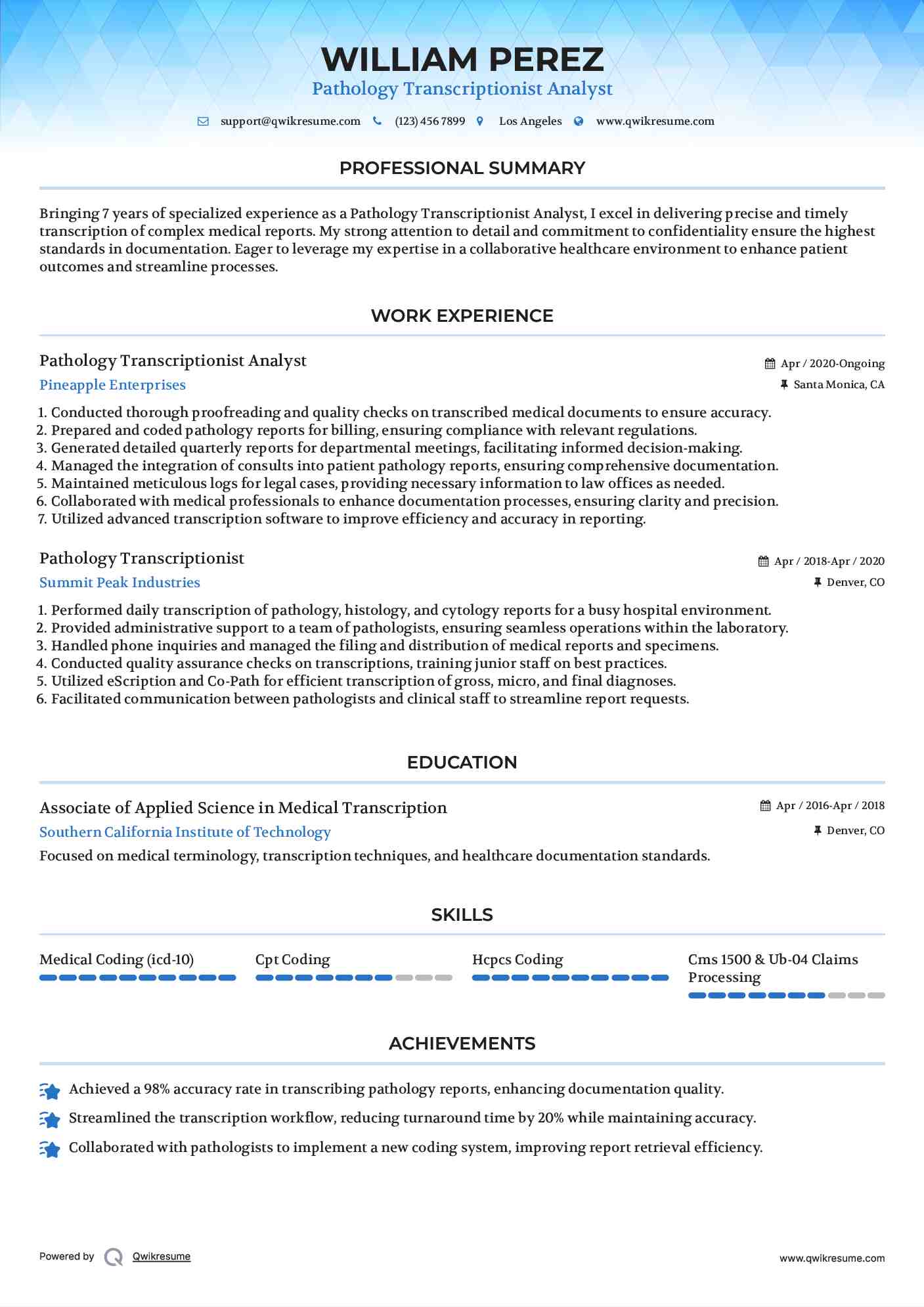 Pathology Transcriptionist Analyst Resume Example