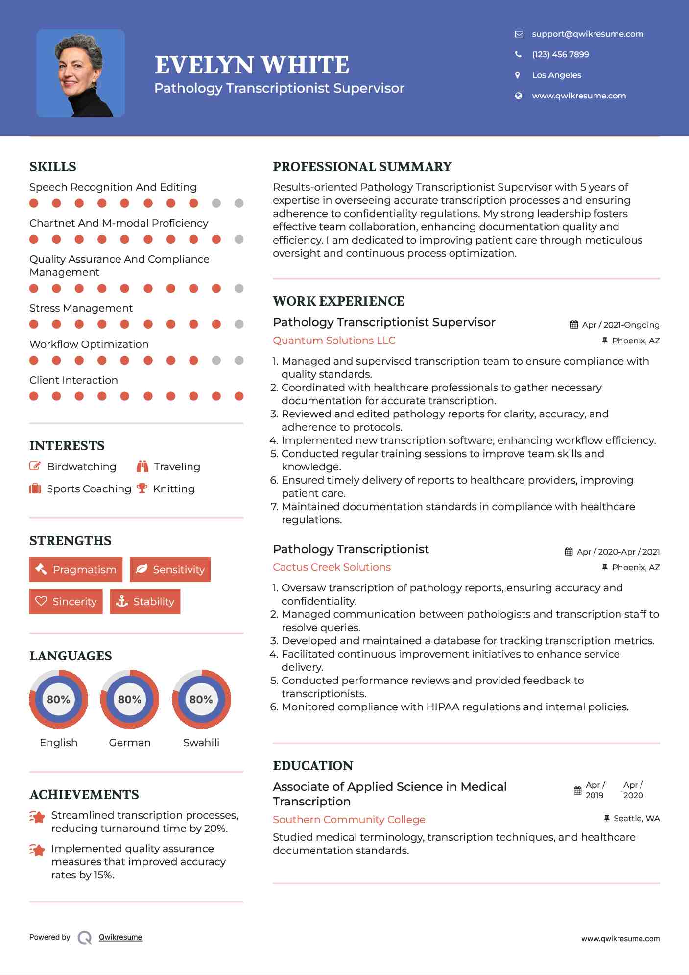Pathology Transcriptionist Supervisor Resume Template